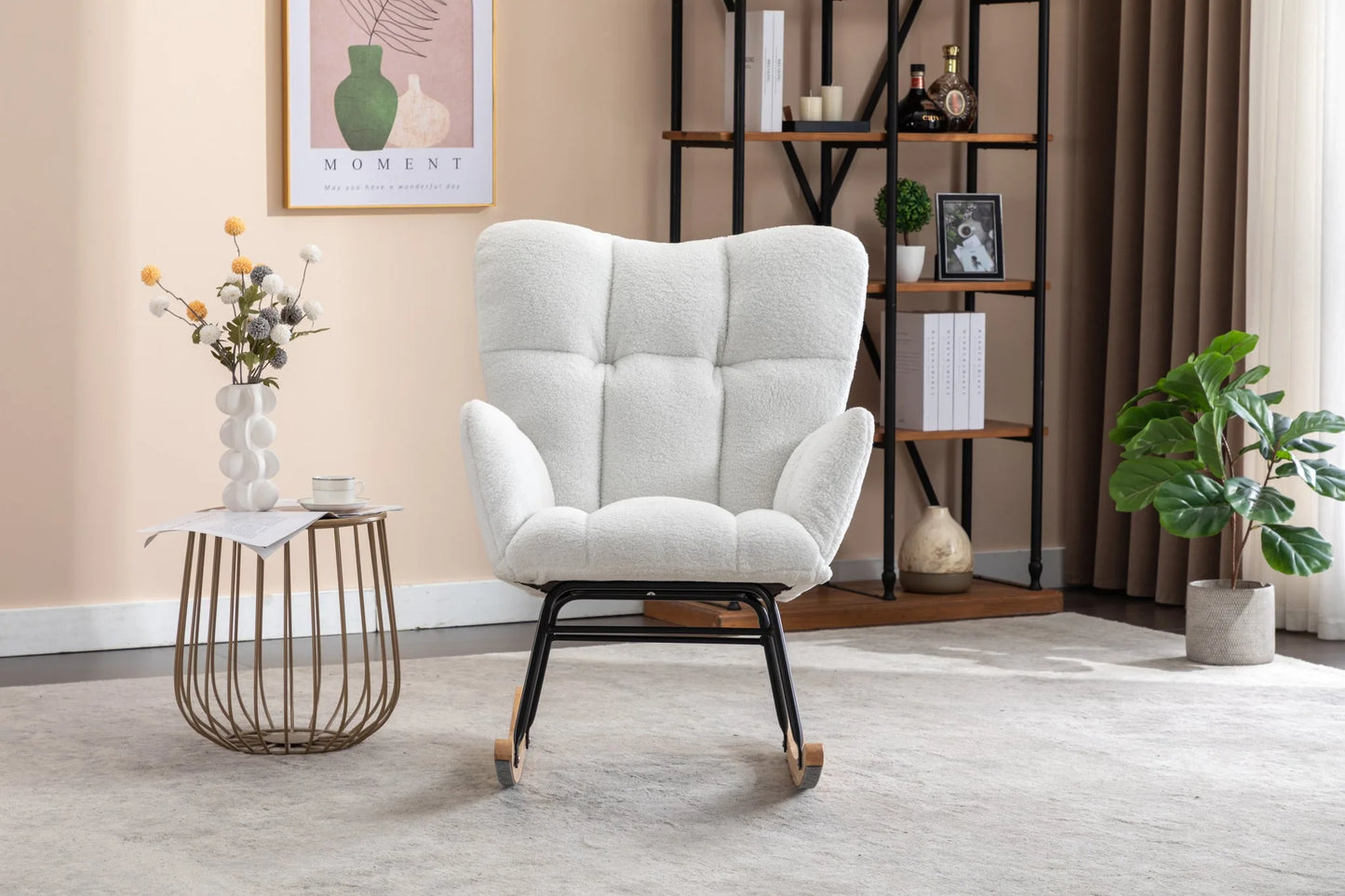 Teddy Fabric Leisure Rocking Chair with Tufted Backrest, Upholstered Glider Nursery Chair with Side Pockets for Living Room, Bedroom, Ivory detail view 18