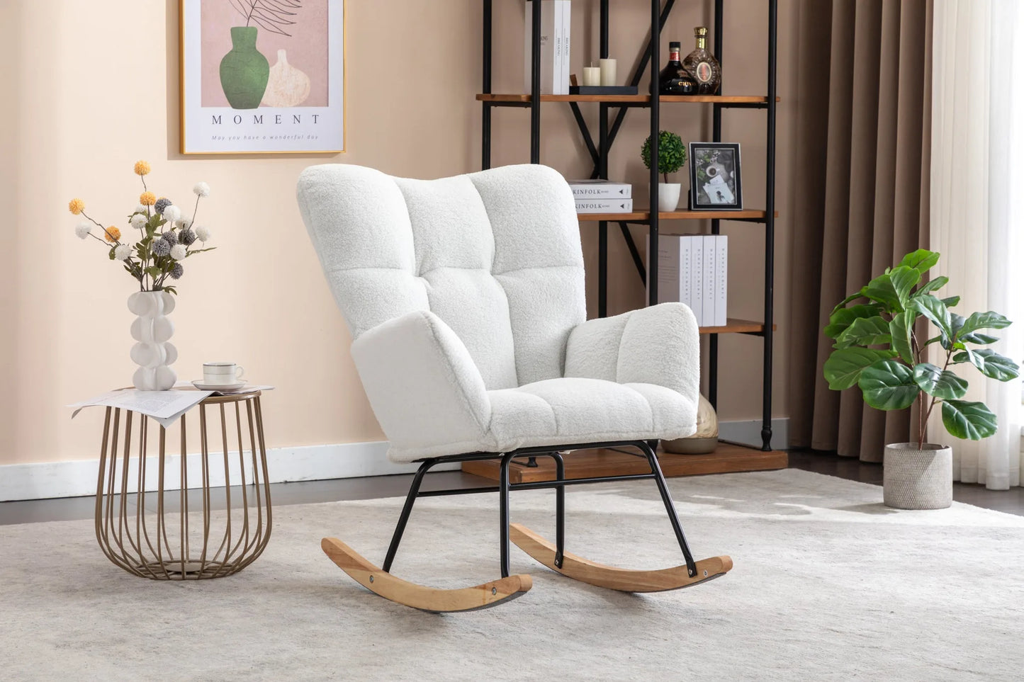Teddy Fabric Leisure Rocking Chair with Tufted Backrest, Upholstered Glider Nursery Chair with Side Pockets for Living Room, Bedroom, Ivory detail view 23