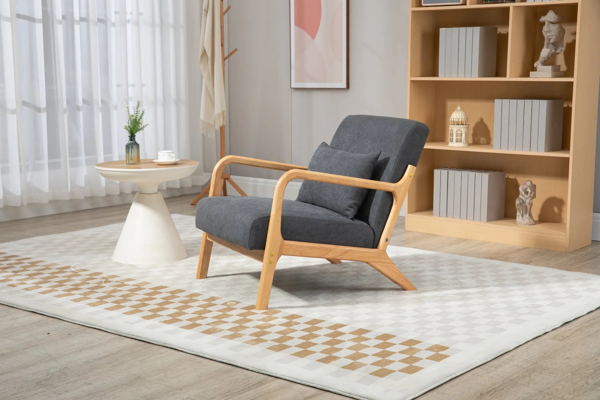 Mid Century Modern Accent Chair with Solid Wood Frame, Upholstered Living Room Chairs with Waist Cushion, Reading Armchair for Bedroom Sunroom detail view 3