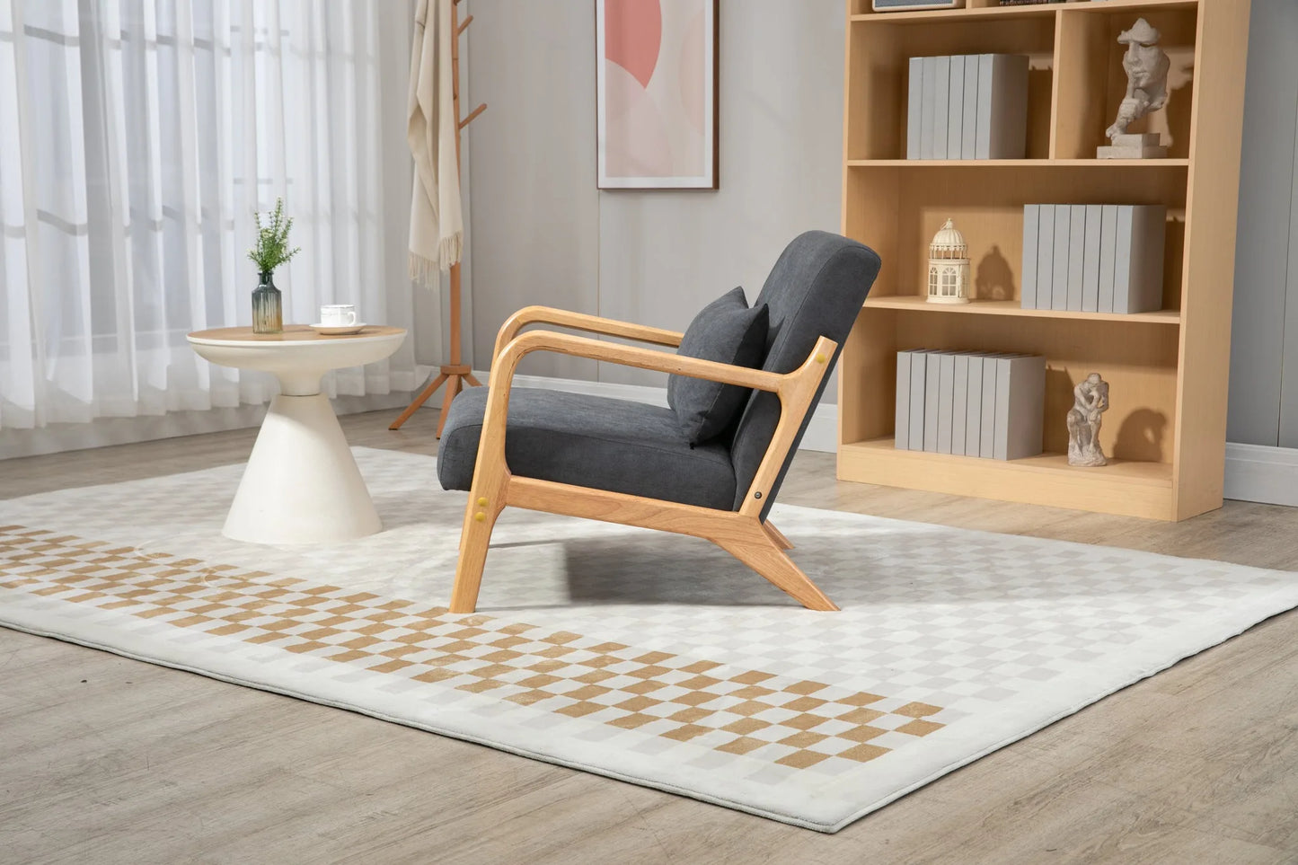 Mid Century Modern Accent Chair with Solid Wood Frame, Upholstered Living Room Chairs with Waist Cushion, Reading Armchair for Bedroom Sunroom detail view 4