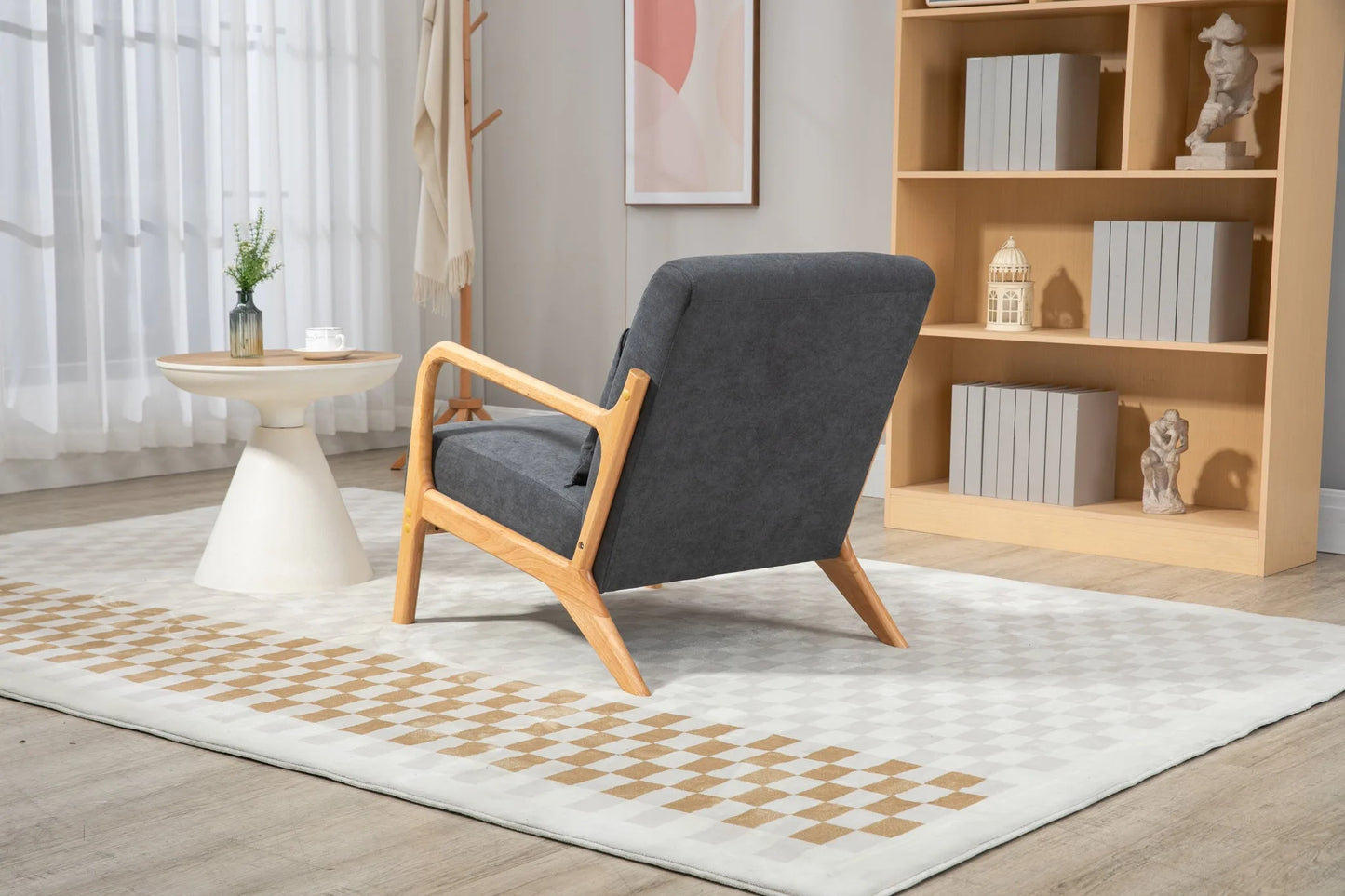 Mid Century Modern Accent Chair with Solid Wood Frame, Upholstered Living Room Chairs with Waist Cushion, Reading Armchair for Bedroom Sunroom detail view 6