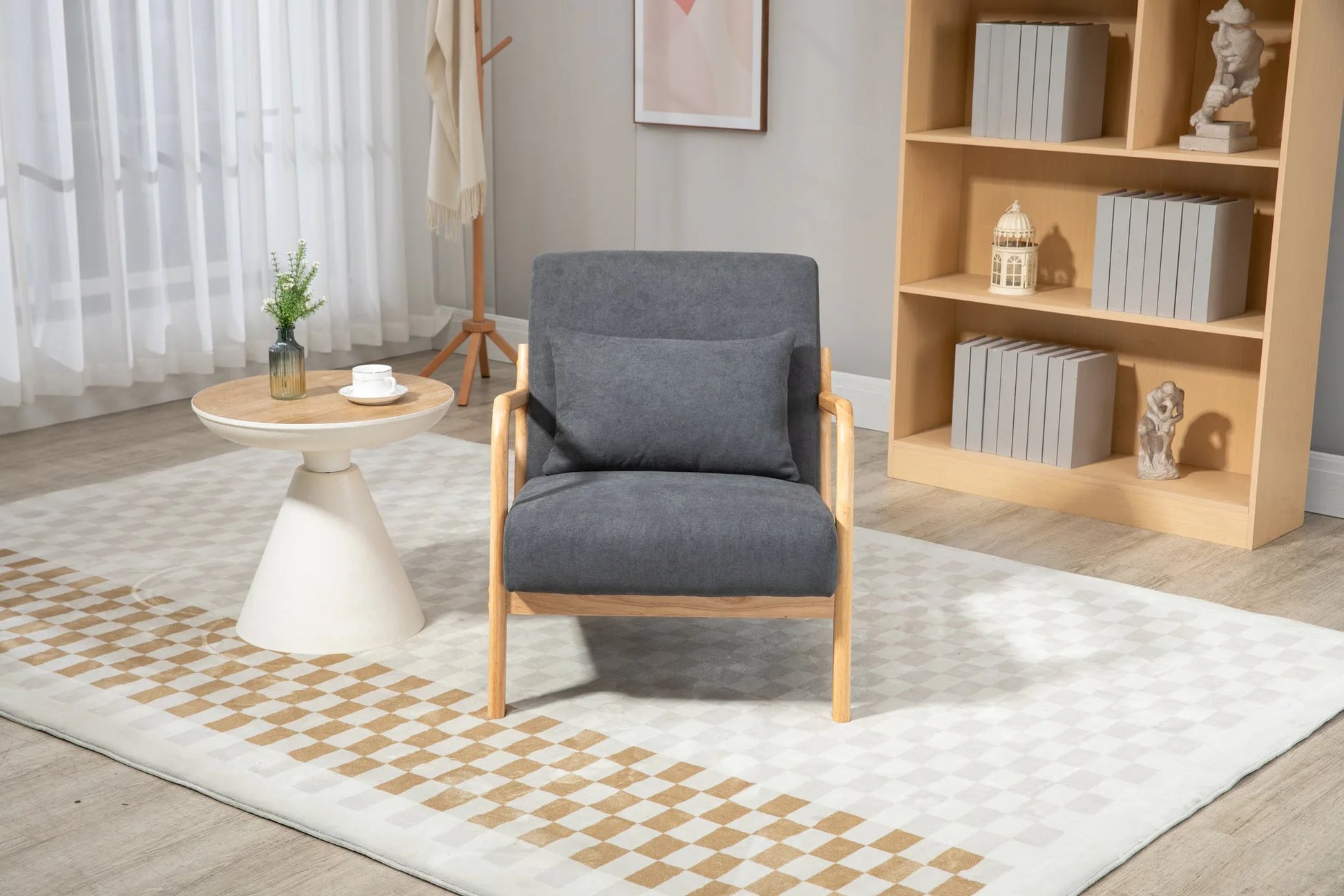 Mid Century Modern Accent Chair with Solid Wood Frame, Upholstered Living Room Chairs with Waist Cushion, Reading Armchair for Bedroom Sunroom detail view 7