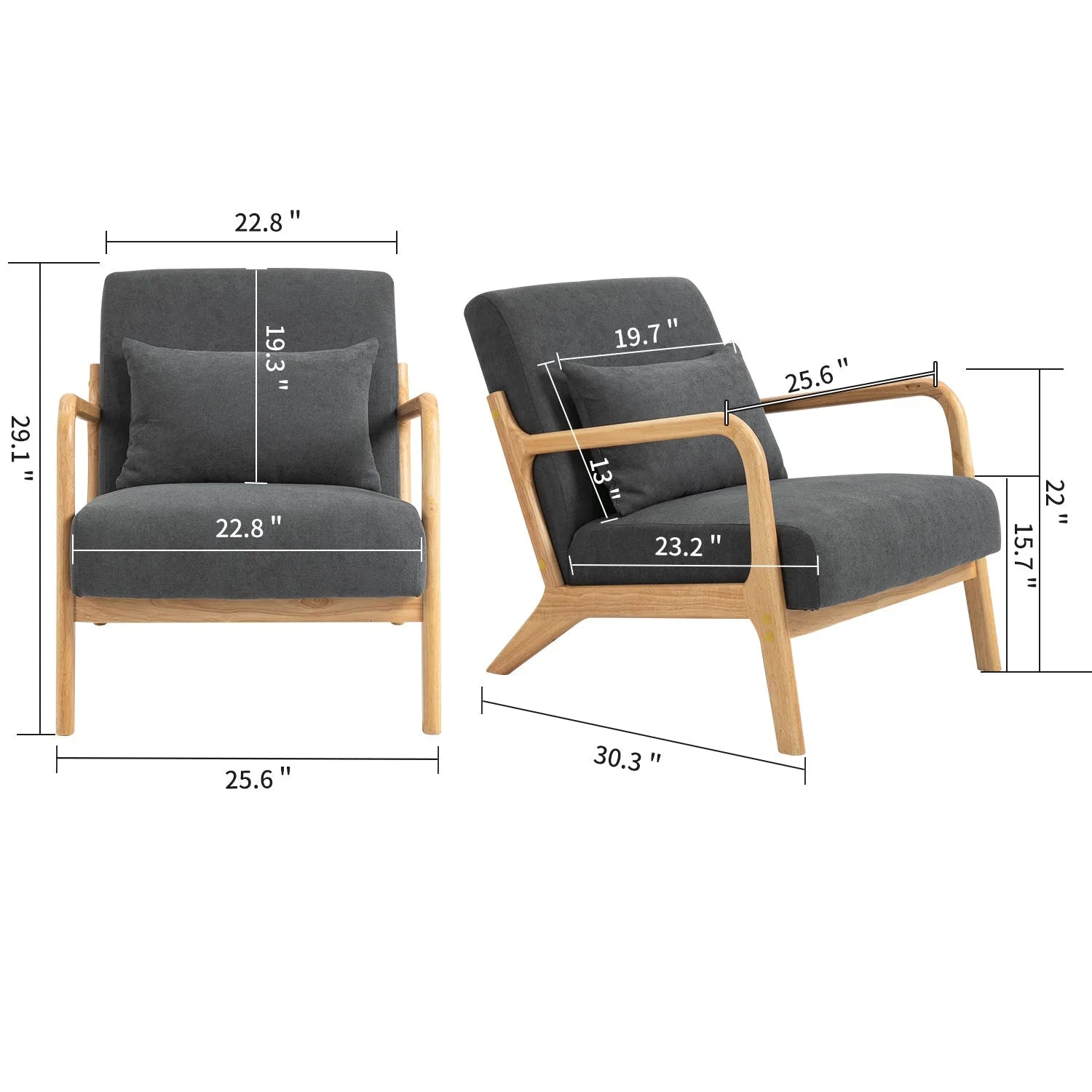Mid Century Modern Accent Chair with Solid Wood Frame, Upholstered Living Room Chairs with Waist Cushion, Reading Armchair for Bedroom Sunroom detail view 13