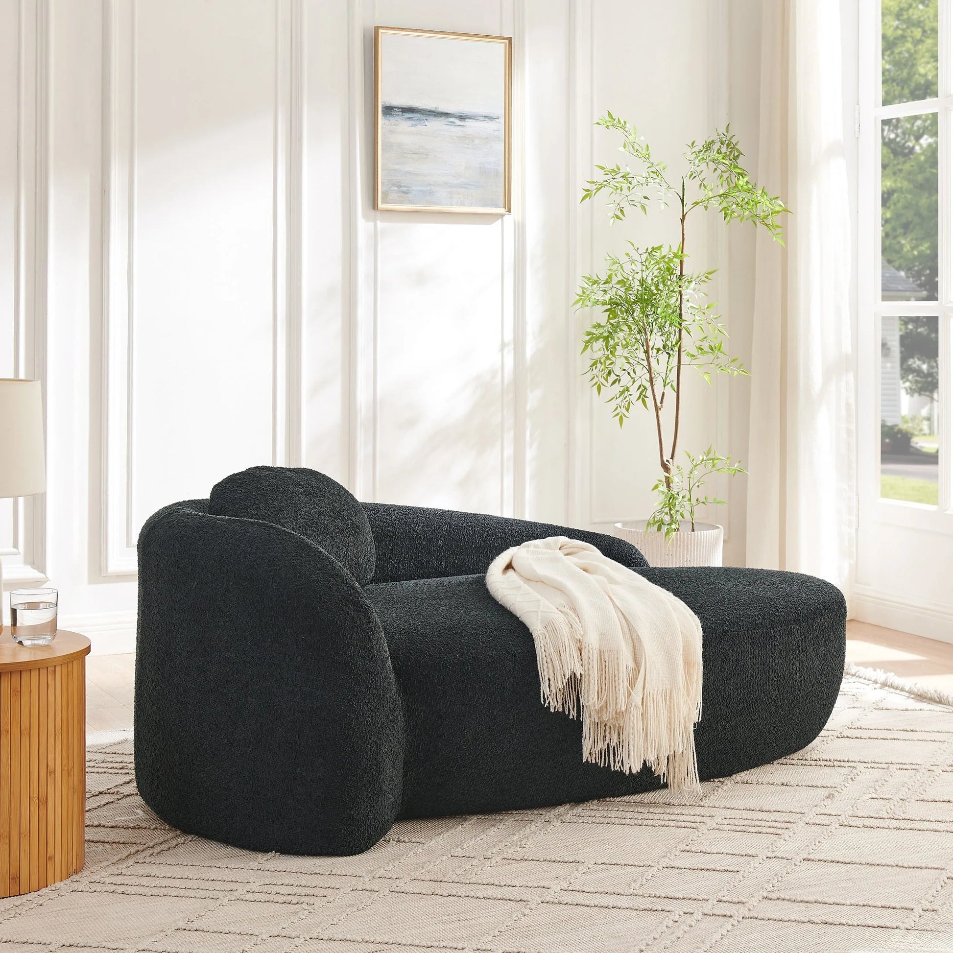 Modern Oval Single Lazy Sofa Chair with Integrated Backrest, Side Armrest and Pillow, Compact Space-Saving Lounge Chair for Living Room Bedroom-Black detail view 3