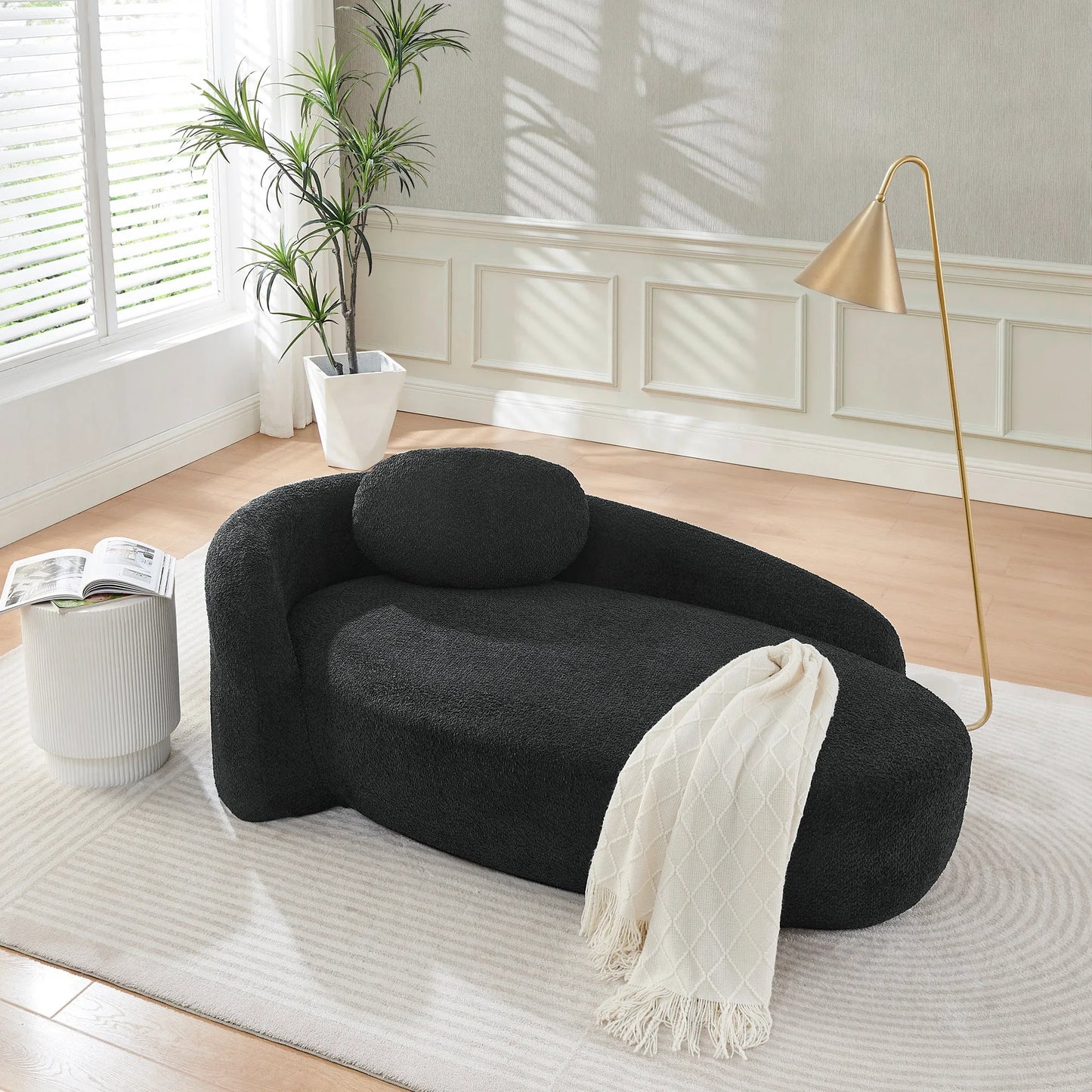 Modern Oval Single Lazy Sofa Chair with Integrated Backrest, Side Armrest and Pillow, Compact Space-Saving Lounge Chair for Living Room Bedroom-Black detail view 7