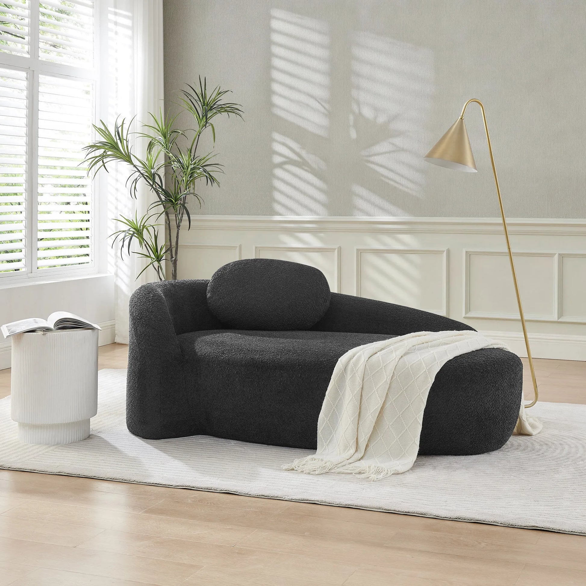 Modern Oval Single Lazy Sofa Chair with Integrated Backrest, Side Armrest and Pillow, Compact Space-Saving Lounge Chair for Living Room Bedroom-Black detail view 8