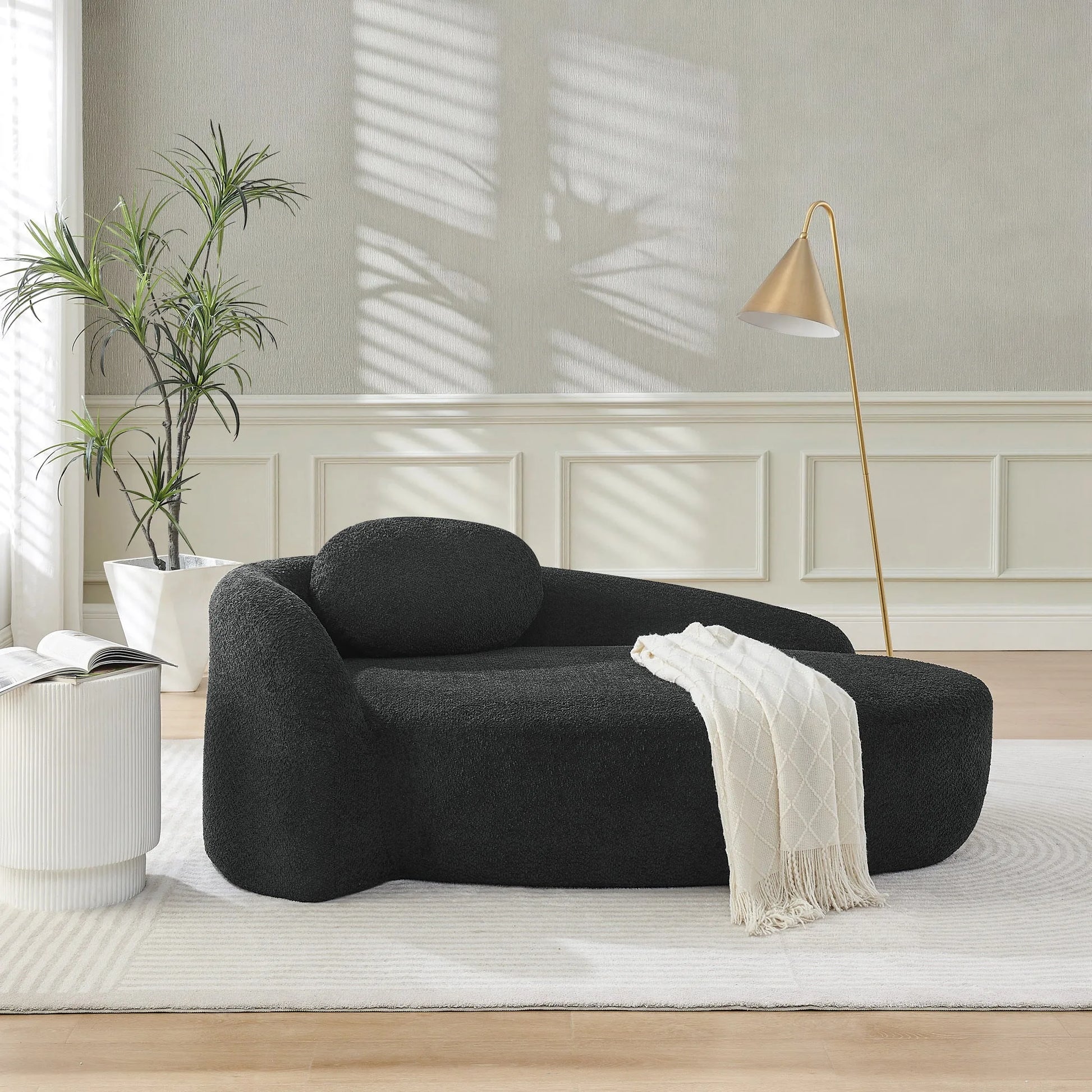 Modern Oval Single Lazy Sofa Chair with Integrated Backrest, Side Armrest and Pillow, Compact Space-Saving Lounge Chair for Living Room Bedroom-Black detail view 9