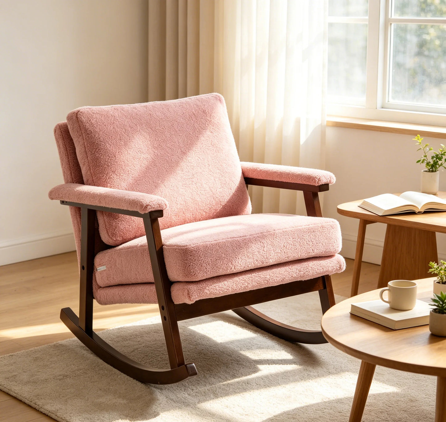 Mid Century Modern Accent Chair, rocking chair with Solid Wood Frame, Upholstered Living Room Chairs, Reading Armchair for Bedroom Sunroom lifestyle view