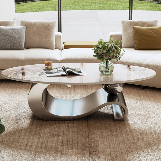 49.2' Faux Marble Oval Coffee Table, Contemporary Gray Stainless Steel Base, Modern Center Table for Living Room lifestyle view