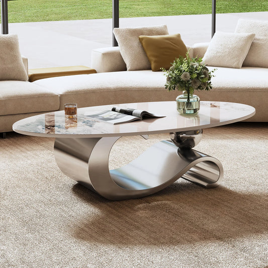 49.2' Faux Marble Oval Coffee Table, Contemporary Gray Stainless Steel Base, Modern Center Table for Living Room detail view 2