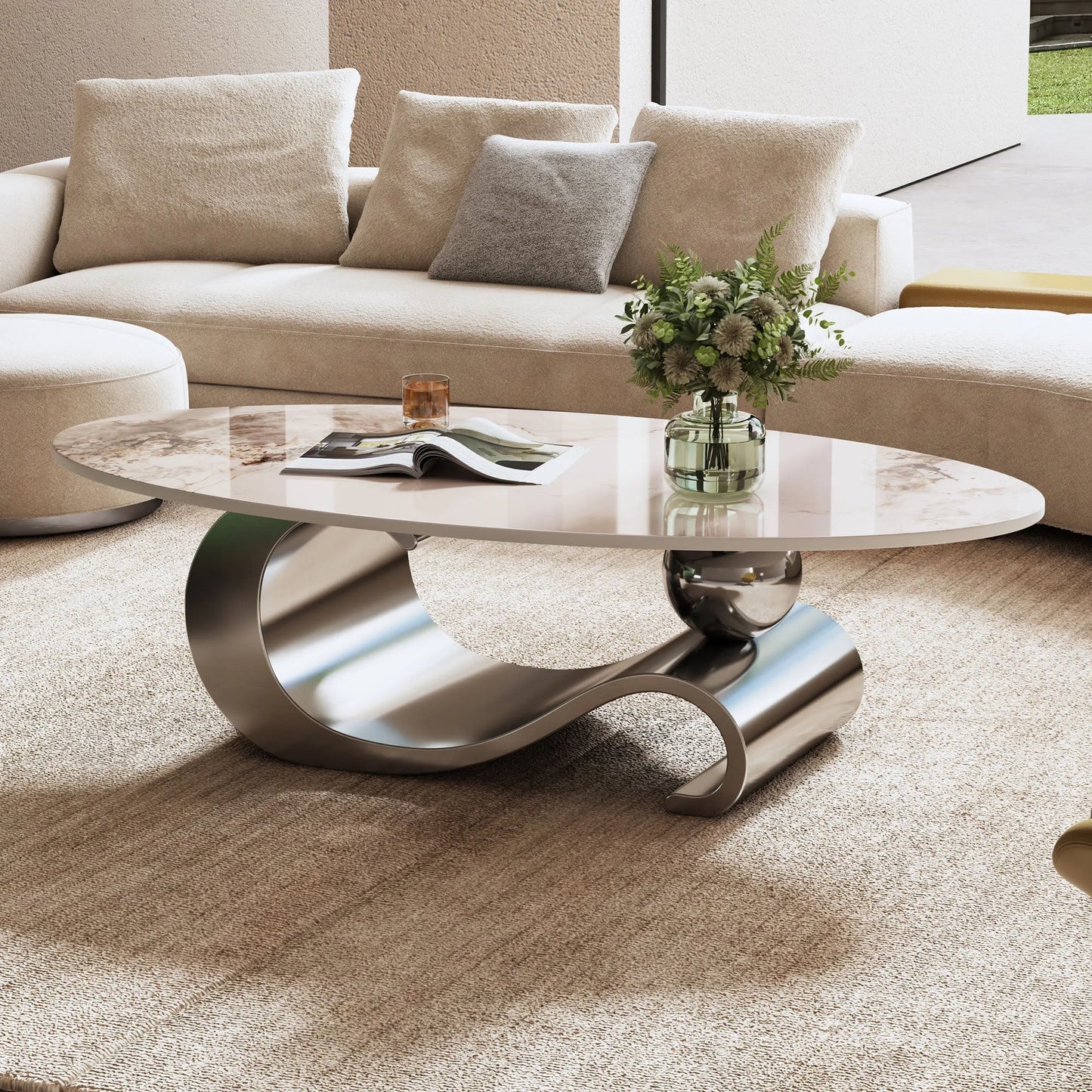 49.2' Faux Marble Oval Coffee Table, Contemporary Gray Stainless Steel Base, Modern Center Table for Living Room detail view 3