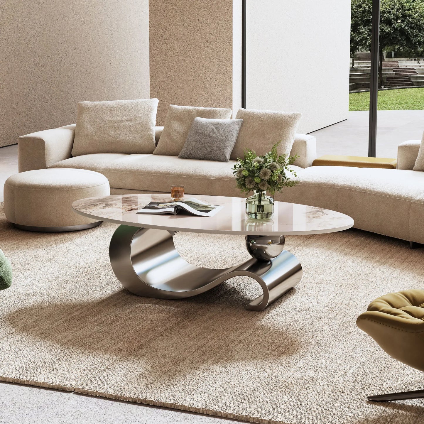 49.2' Faux Marble Oval Coffee Table, Contemporary Gray Stainless Steel Base, Modern Center Table for Living Room detail view 4