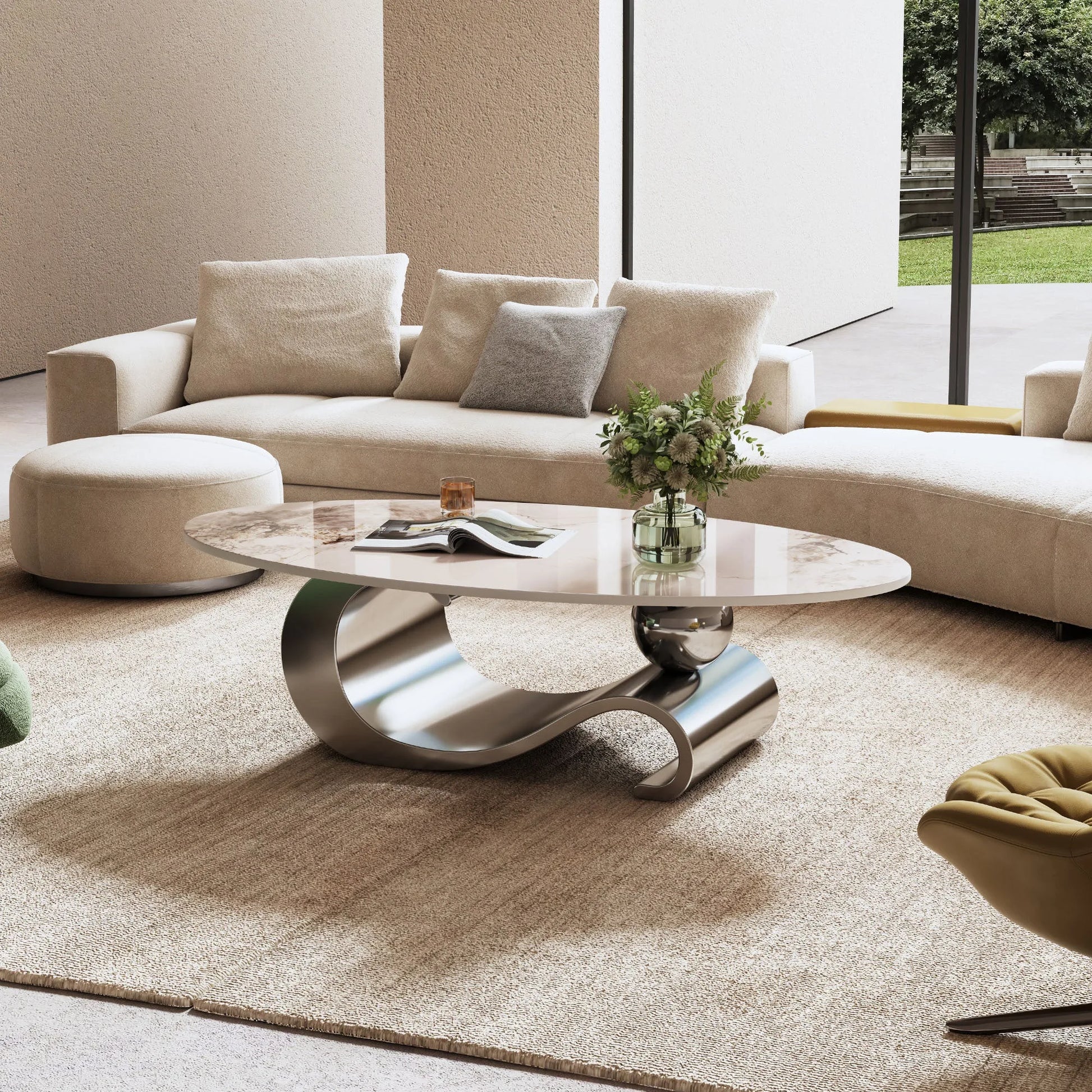 49.2' Faux Marble Oval Coffee Table, Contemporary Gray Stainless Steel Base, Modern Center Table for Living Room detail view 4