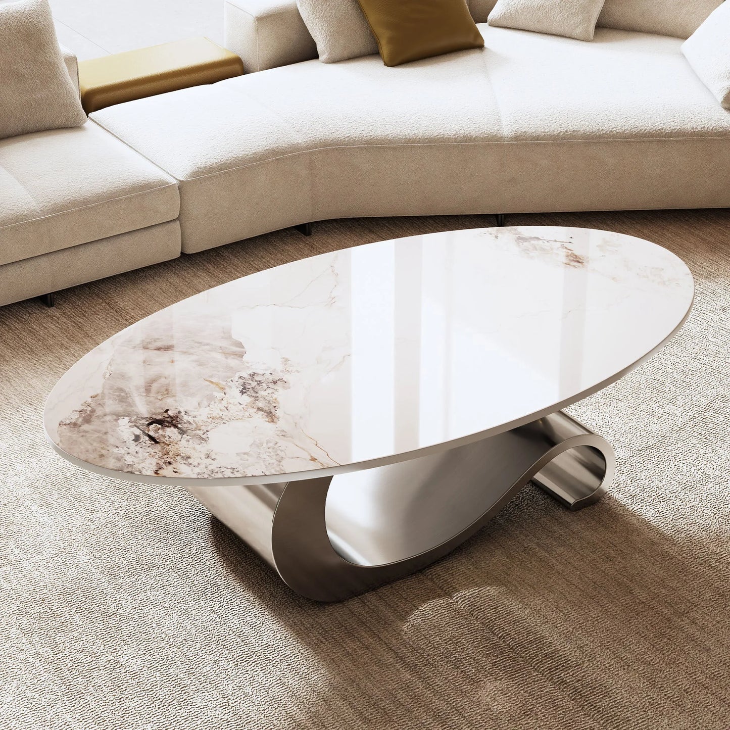 49.2' Faux Marble Oval Coffee Table, Contemporary Gray Stainless Steel Base, Modern Center Table for Living Room detail view 5