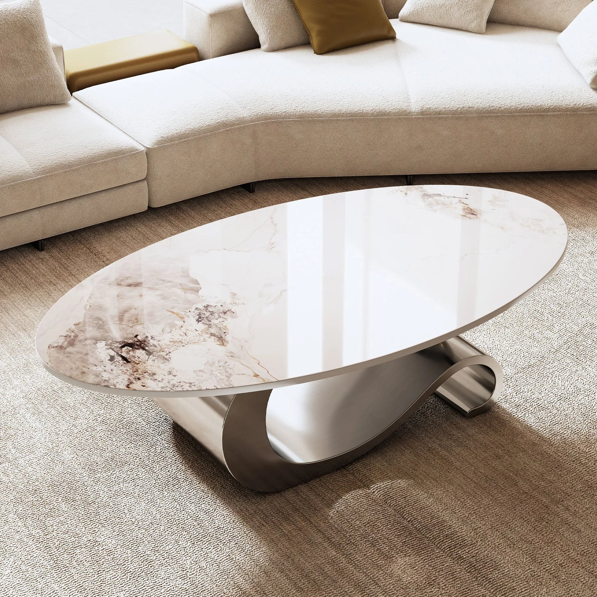 49.2' Faux Marble Oval Coffee Table, Contemporary Gray Stainless Steel Base, Modern Center Table for Living Room detail view 5