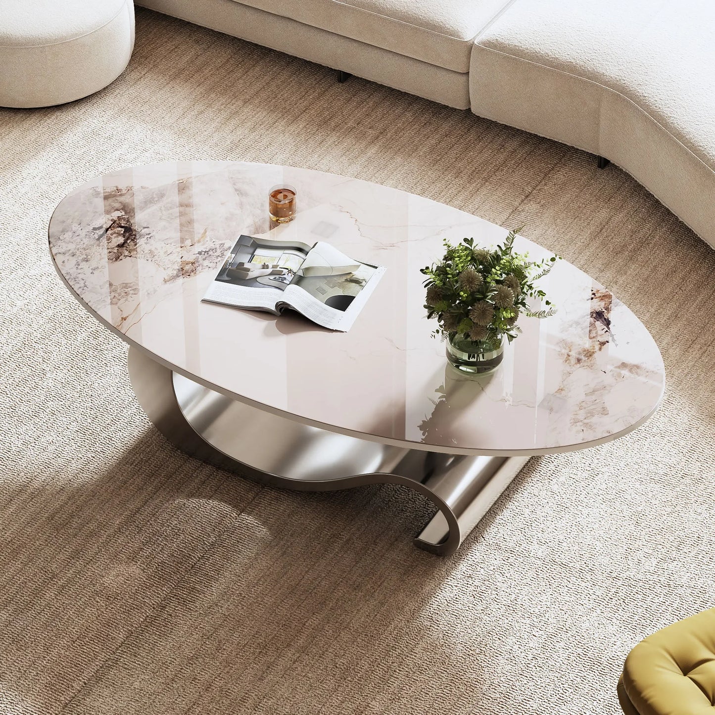 49.2' Faux Marble Oval Coffee Table, Contemporary Gray Stainless Steel Base, Modern Center Table for Living Room detail view 6