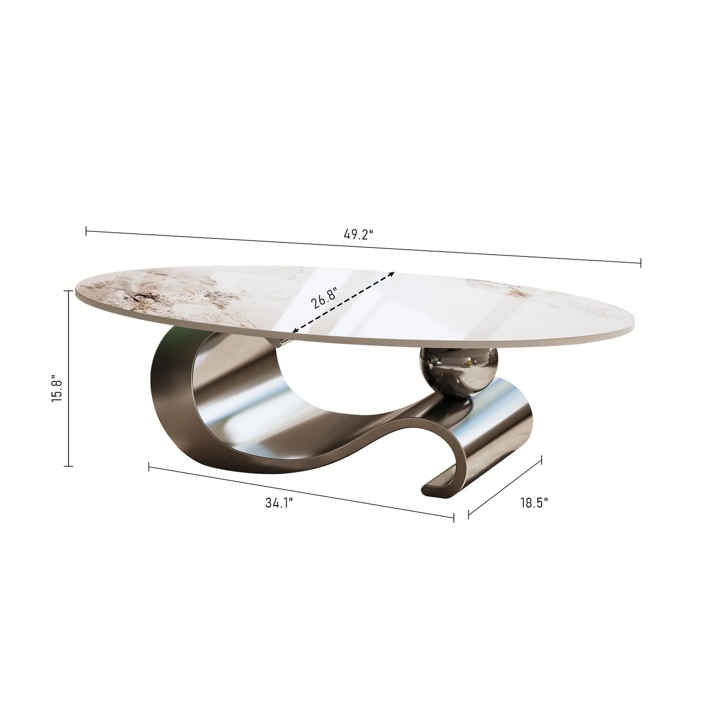 49.2' Faux Marble Oval Coffee Table, Contemporary Gray Stainless Steel Base, Modern Center Table for Living Room detail view 7