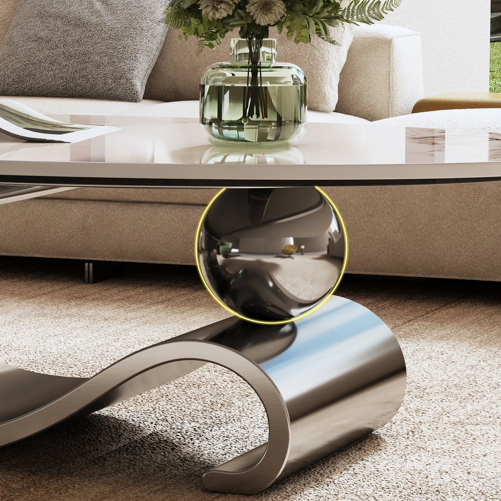 49.2' Faux Marble Oval Coffee Table, Contemporary Gray Stainless Steel Base, Modern Center Table for Living Room detail view 8