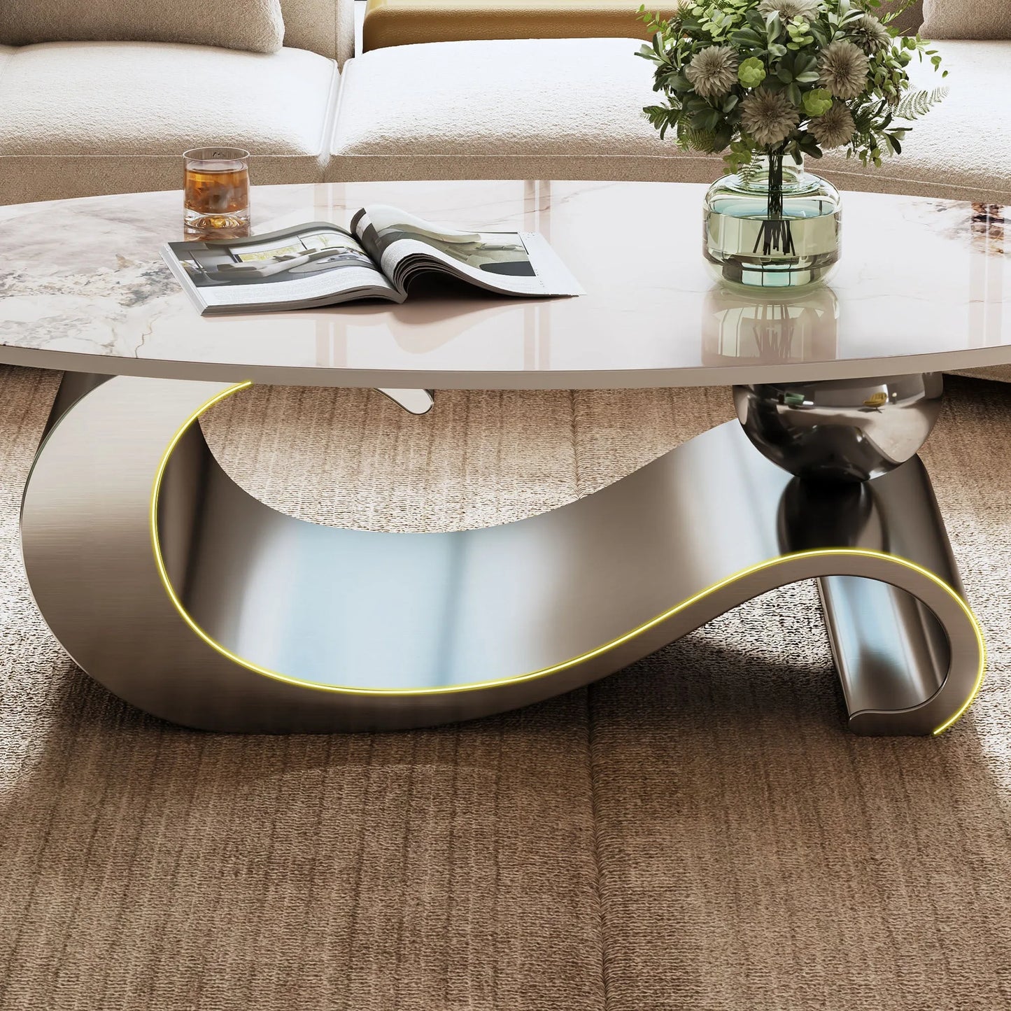 49.2' Faux Marble Oval Coffee Table, Contemporary Gray Stainless Steel Base, Modern Center Table for Living Room detail view 9