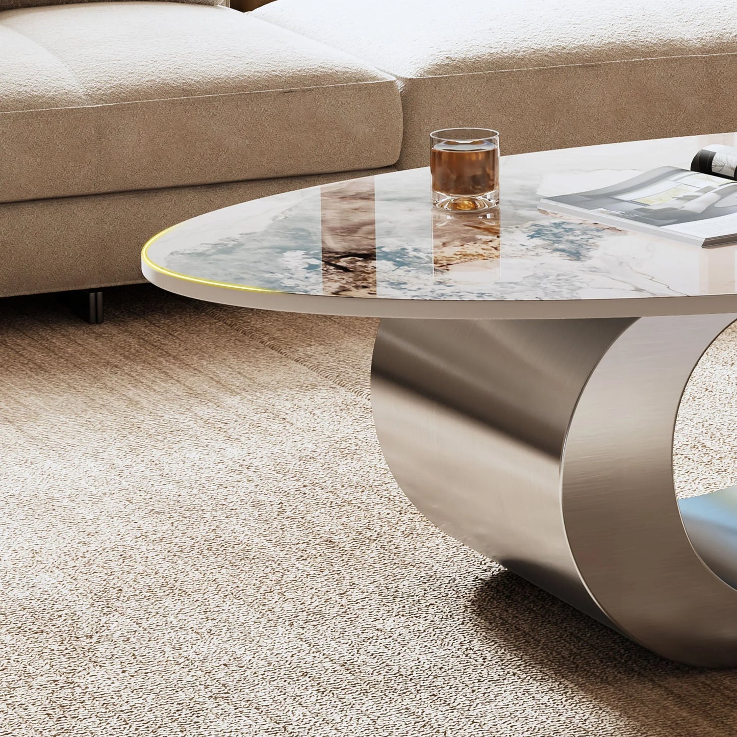 49.2' Faux Marble Oval Coffee Table, Contemporary Gray Stainless Steel Base, Modern Center Table for Living Room detail view 10
