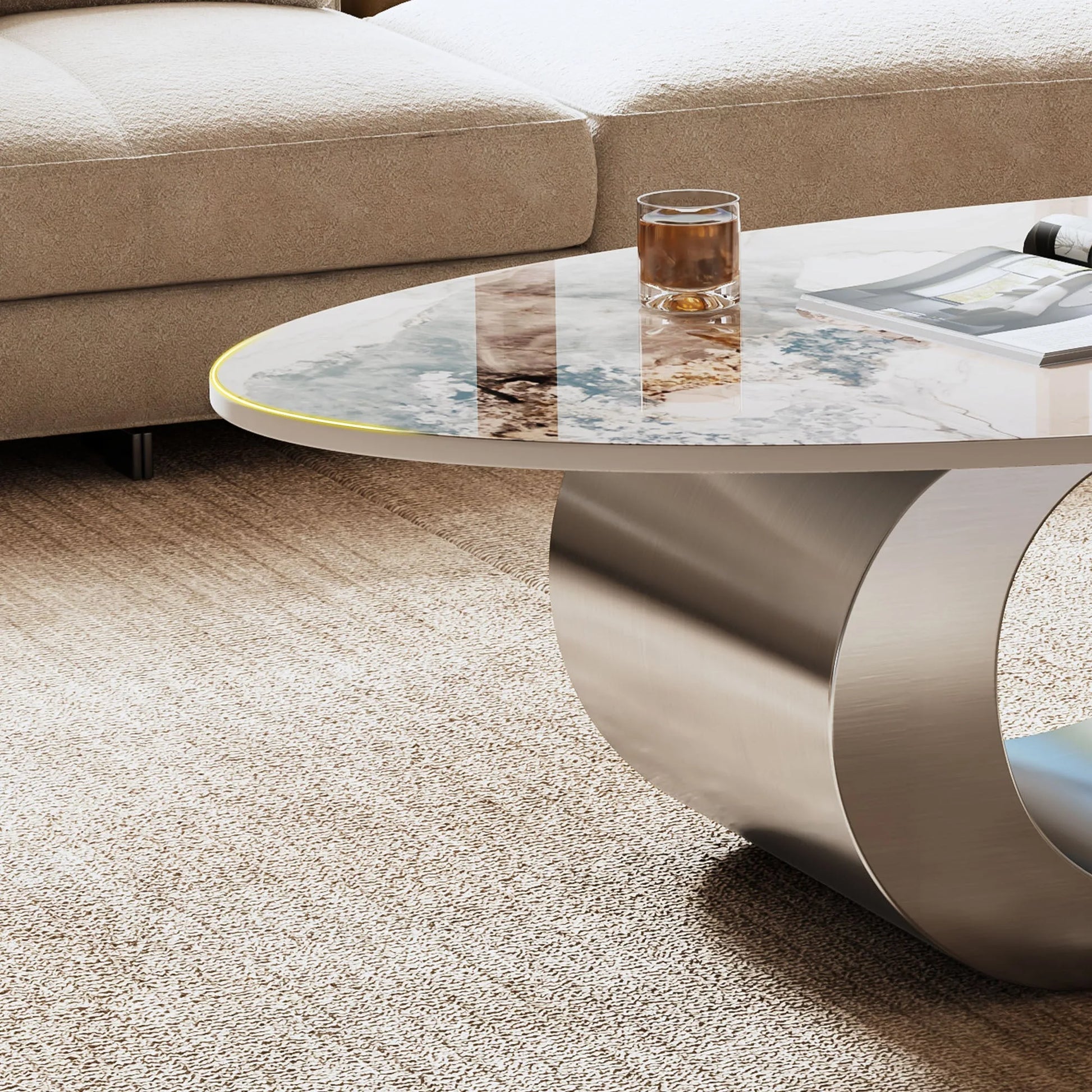 49.2' Faux Marble Oval Coffee Table, Contemporary Gray Stainless Steel Base, Modern Center Table for Living Room detail view 10