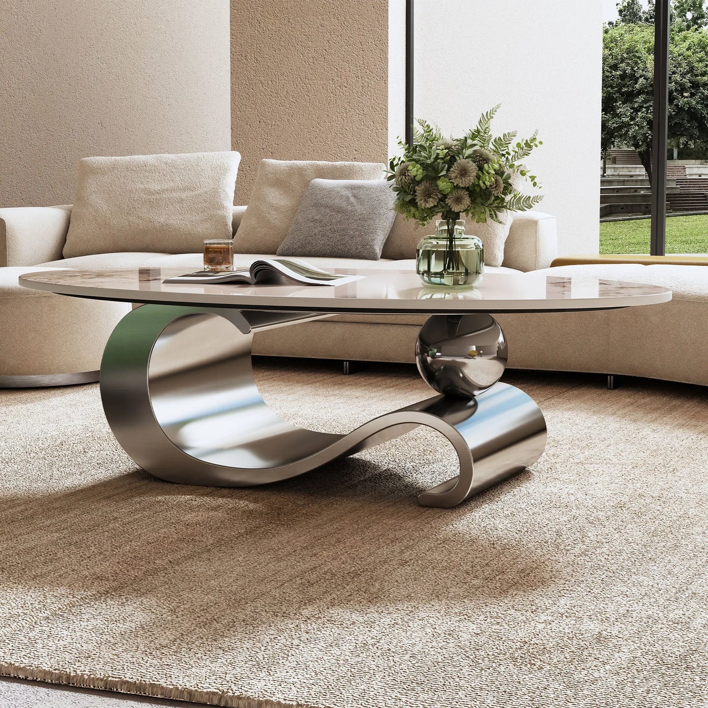 49.2' Faux Marble Oval Coffee Table, Contemporary Gray Stainless Steel Base, Modern Center Table for Living Room detail view 12