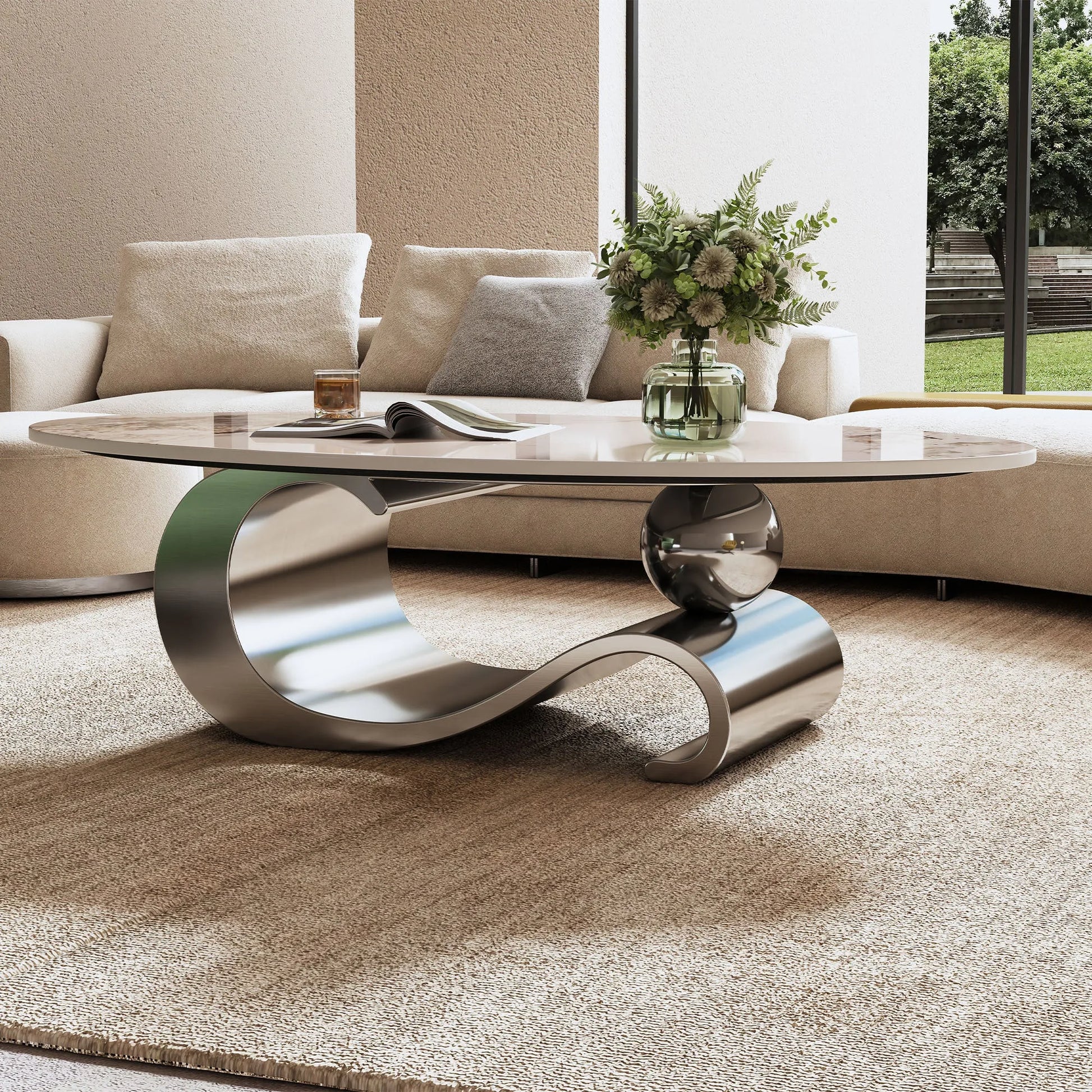 49.2' Faux Marble Oval Coffee Table, Contemporary Gray Stainless Steel Base, Modern Center Table for Living Room detail view 12