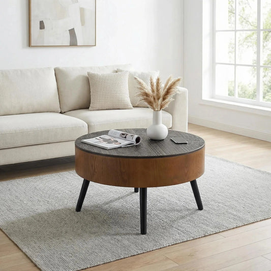 31.5-inch Round Carved Coffee Table with Storage Space, Mid-Century Modern Style Wooden Coffee Table, Four-Leg Design, 18-inch High, Living Room Accent Table (Brown and Black) lifestyle view