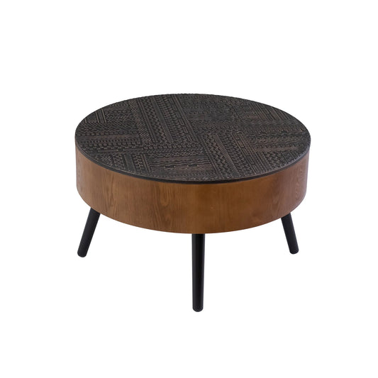 31.5-inch Round Carved Coffee Table with Storage Space, Mid-Century Modern Style Wooden Coffee Table, Four-Leg Design, 18-inch High, Living Room Accent Table (Brown and Black) detail view 2