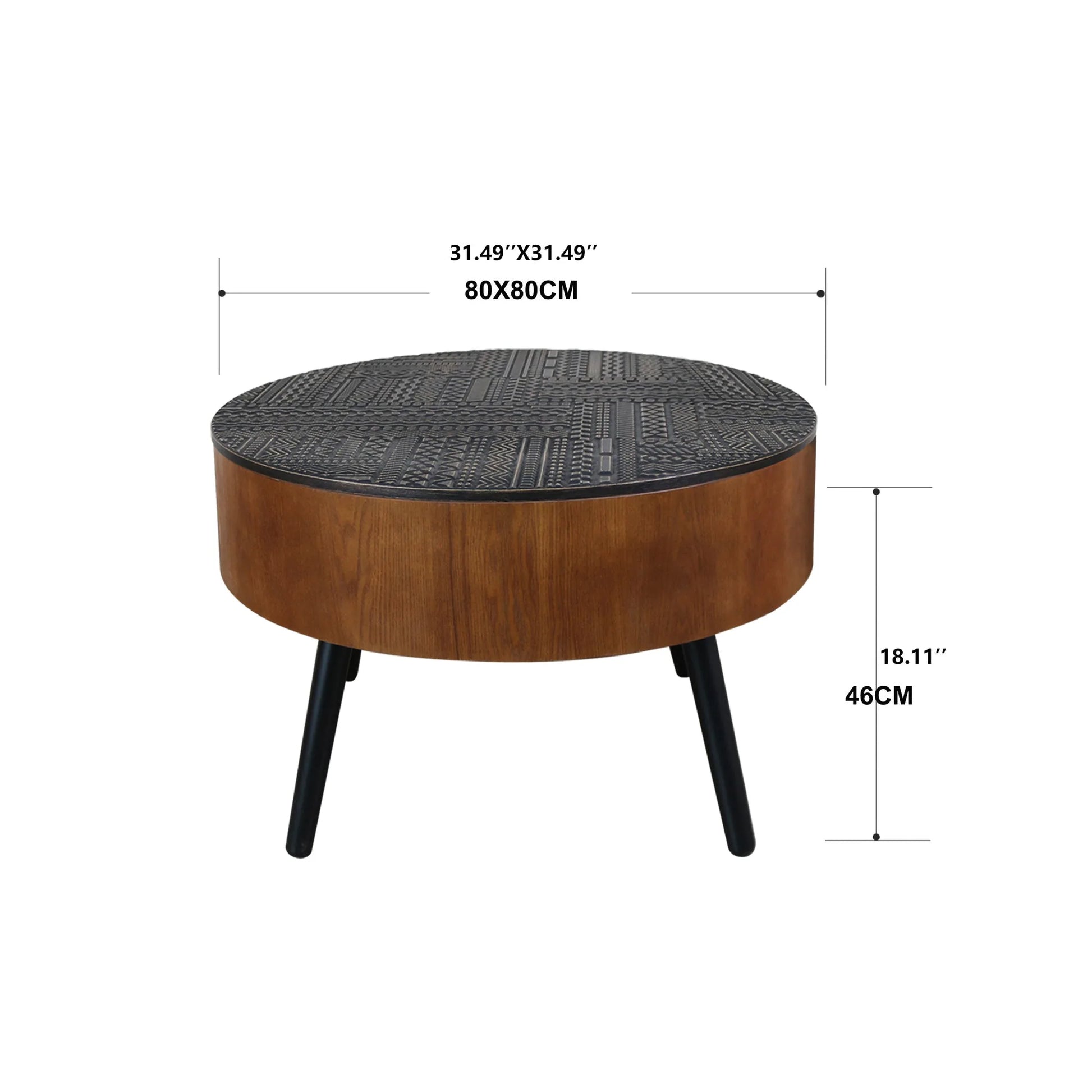 31.5-inch Round Carved Coffee Table with Storage Space, Mid-Century Modern Style Wooden Coffee Table, Four-Leg Design, 18-inch High, Living Room Accent Table (Brown and Black) detail view 3
