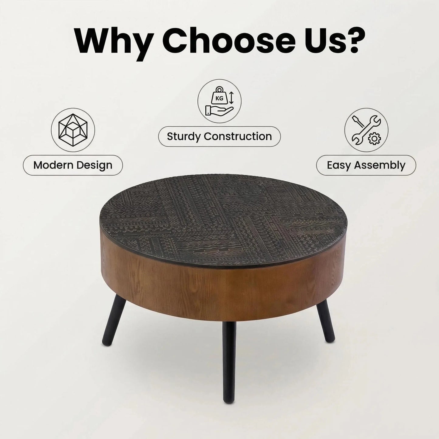 31.5-inch Round Carved Coffee Table with Storage Space, Mid-Century Modern Style Wooden Coffee Table, Four-Leg Design, 18-inch High, Living Room Accent Table (Brown and Black) detail view 5