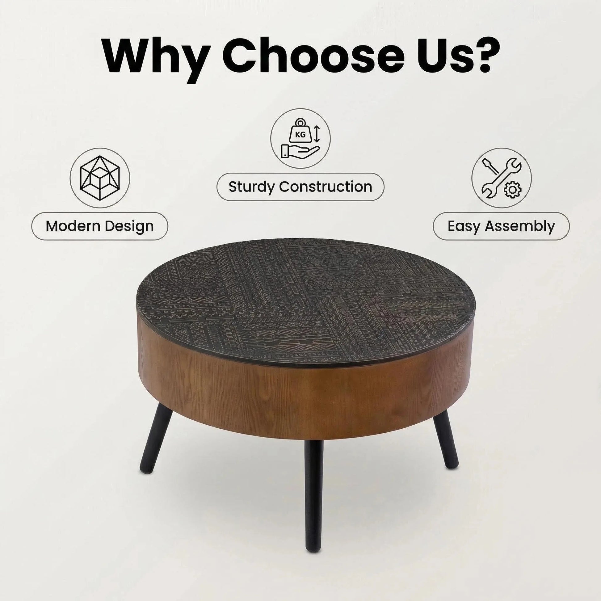 31.5-inch Round Carved Coffee Table with Storage Space, Mid-Century Modern Style Wooden Coffee Table, Four-Leg Design, 18-inch High, Living Room Accent Table (Brown and Black) detail view 5