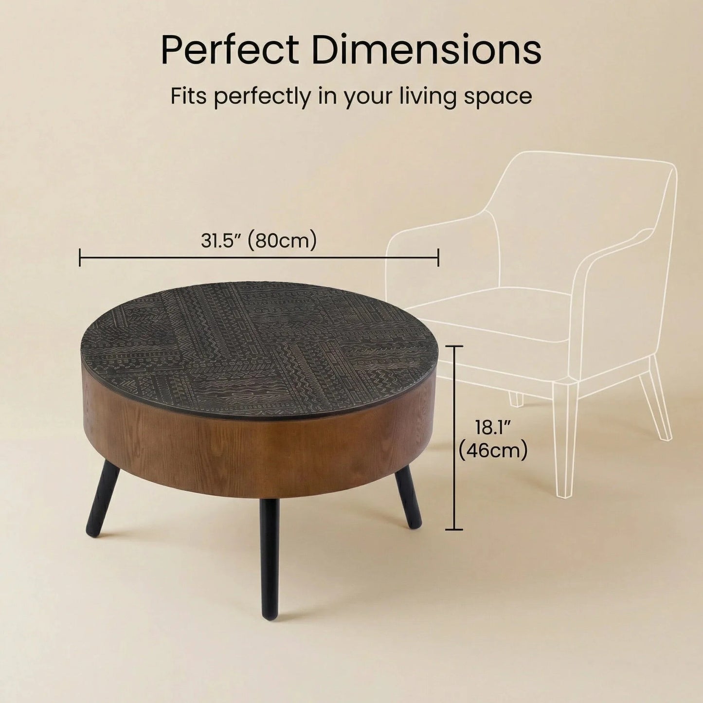 31.5-inch Round Carved Coffee Table with Storage Space, Mid-Century Modern Style Wooden Coffee Table, Four-Leg Design, 18-inch High, Living Room Accent Table (Brown and Black) detail view 8
