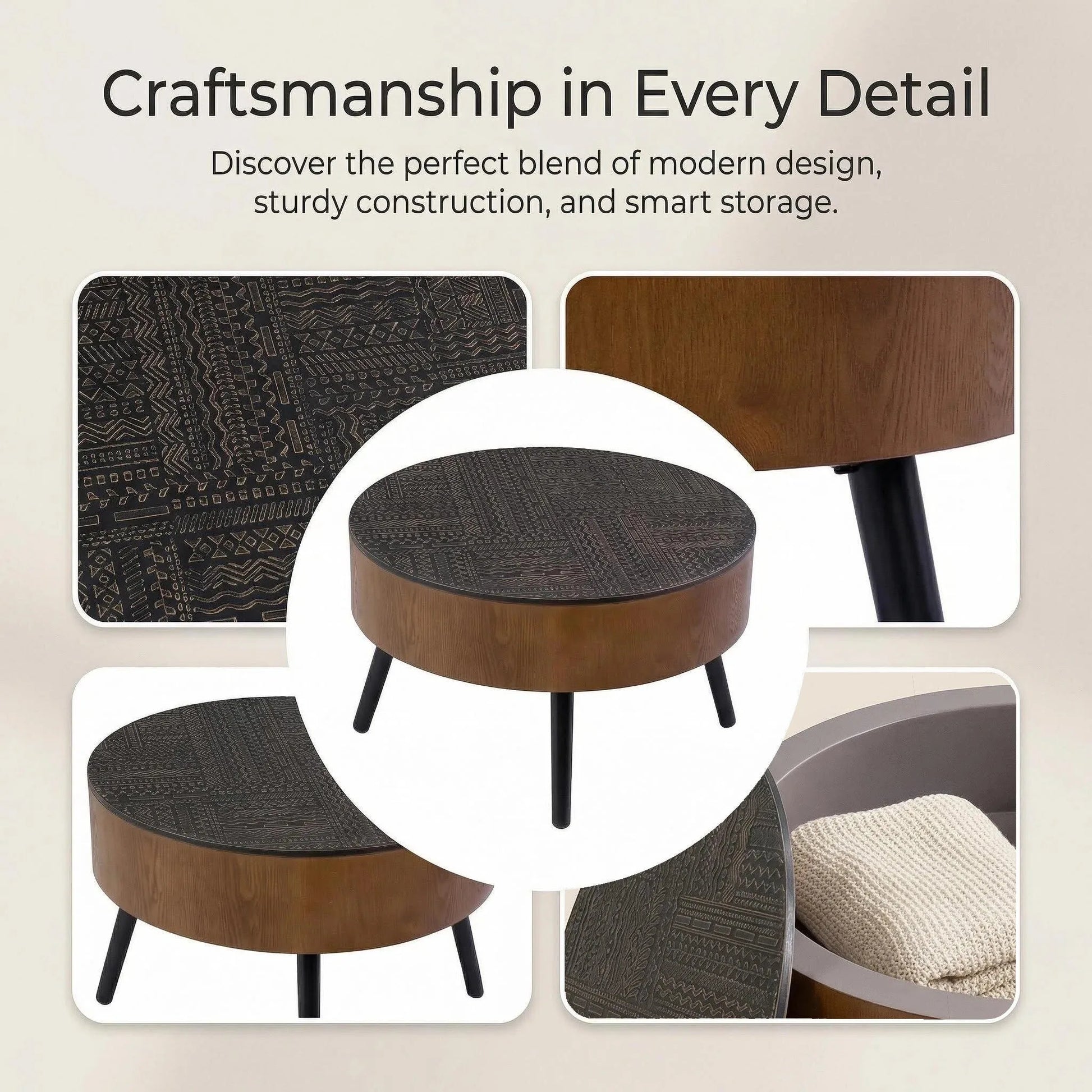 31.5-inch Round Carved Coffee Table with Storage Space, Mid-Century Modern Style Wooden Coffee Table, Four-Leg Design, 18-inch High, Living Room Accent Table (Brown and Black) detail view 9