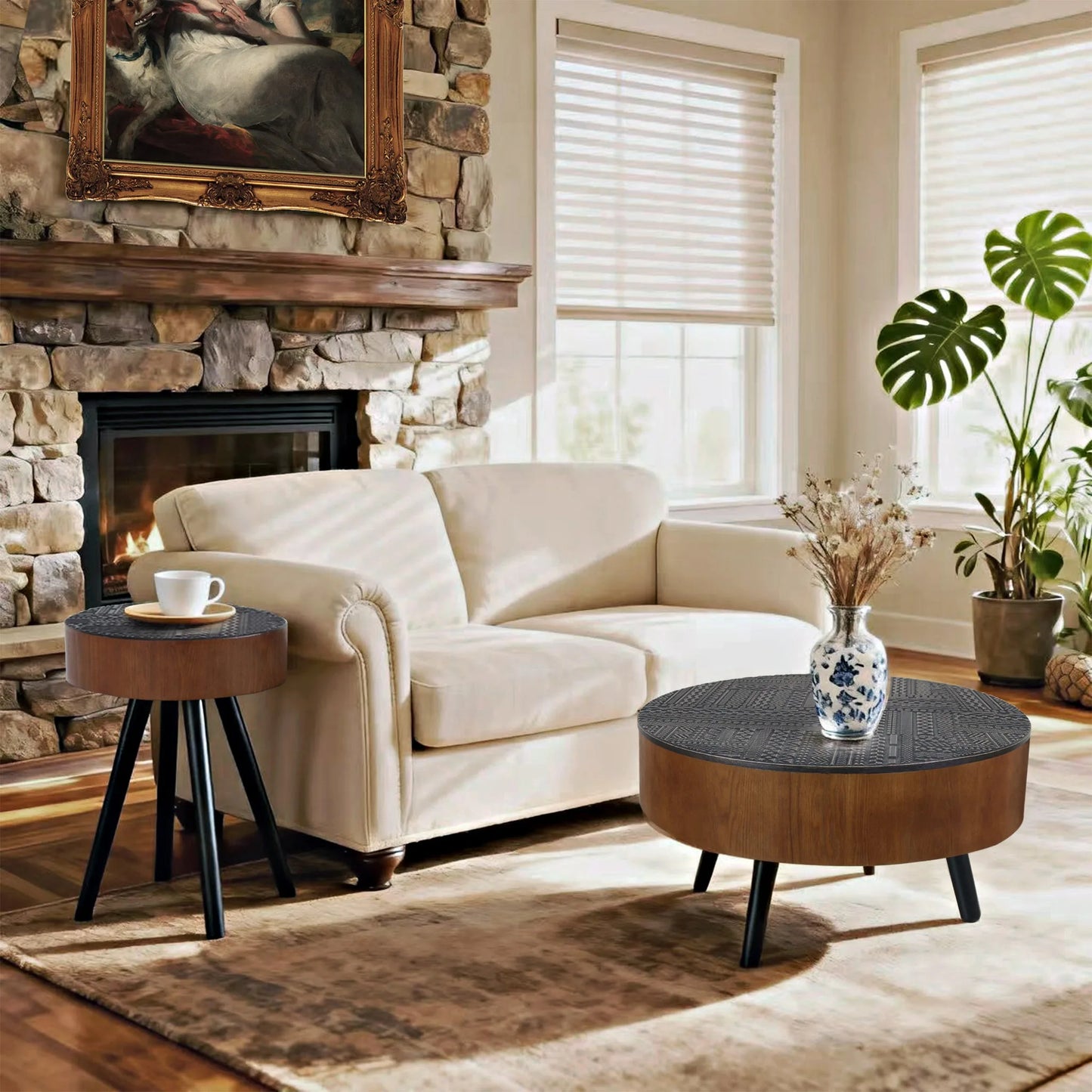 31.5-inch Round Carved Coffee Table with Storage Space, Mid-Century Modern Style Wooden Coffee Table, Four-Leg Design, 18-inch High, Living Room Accent Table (Brown and Black) detail view 20