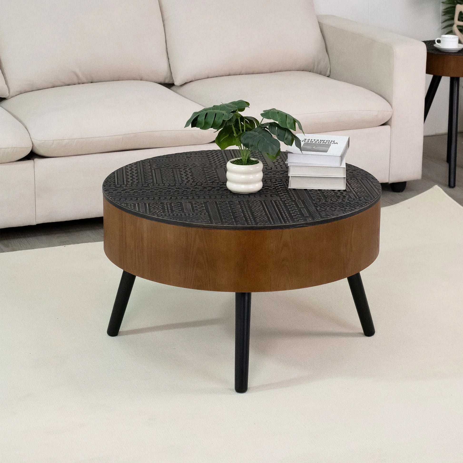 31.5-inch Round Carved Coffee Table with Storage Space, Mid-Century Modern Style Wooden Coffee Table, Four-Leg Design, 18-inch High, Living Room Accent Table (Brown and Black) detail view 25