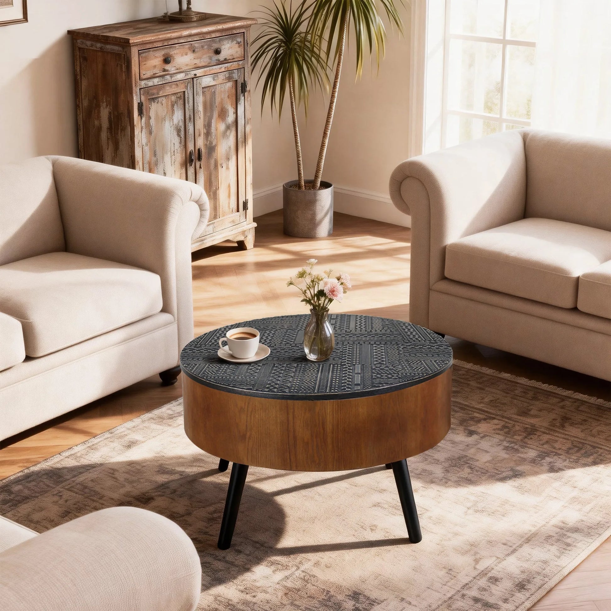 31.5-inch Round Carved Coffee Table with Storage Space, Mid-Century Modern Style Wooden Coffee Table, Four-Leg Design, 18-inch High, Living Room Accent Table (Brown and Black) detail view 32