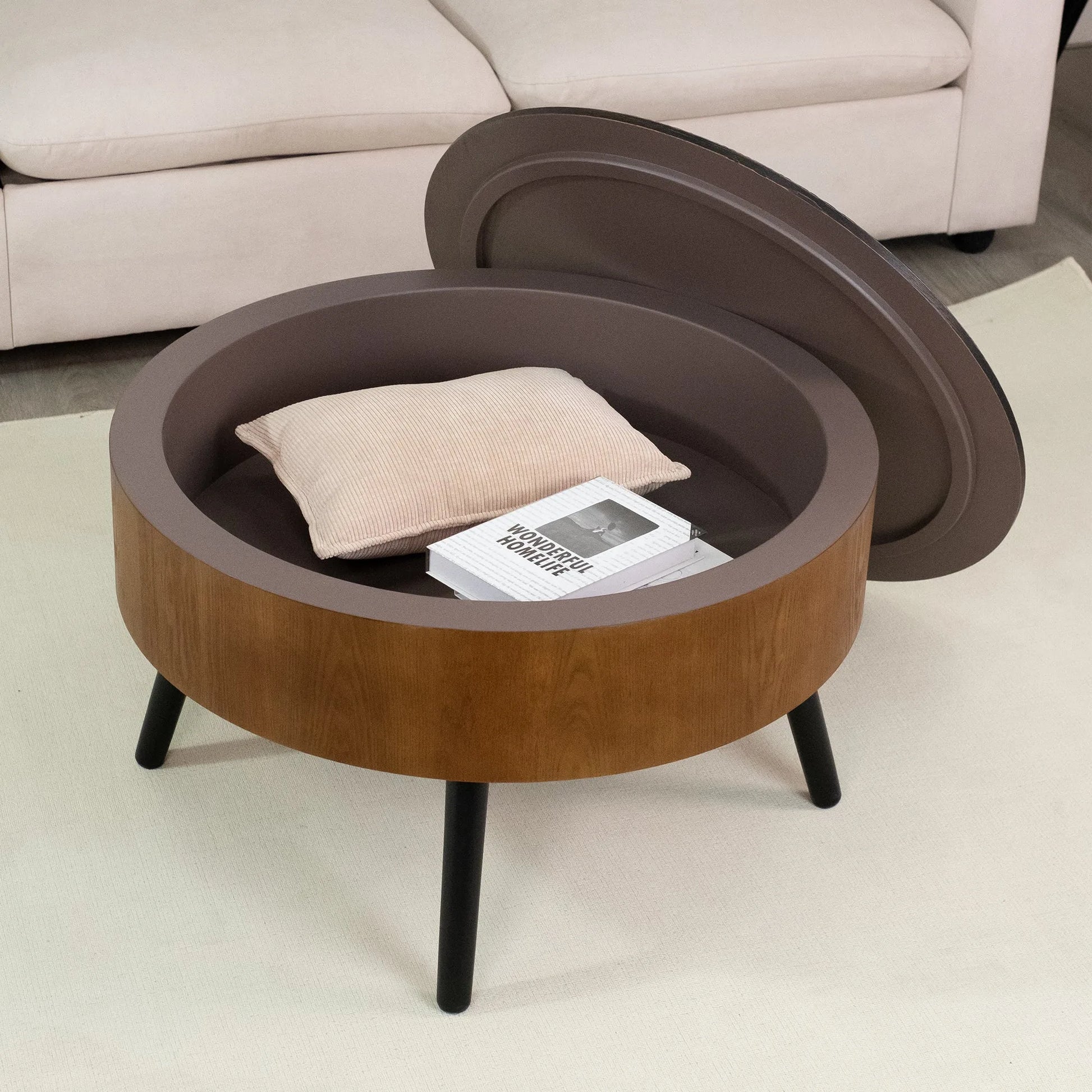 31.5-inch Round Carved Coffee Table with Storage Space, Mid-Century Modern Style Wooden Coffee Table, Four-Leg Design, 18-inch High, Living Room Accent Table (Brown and Black) detail view 33