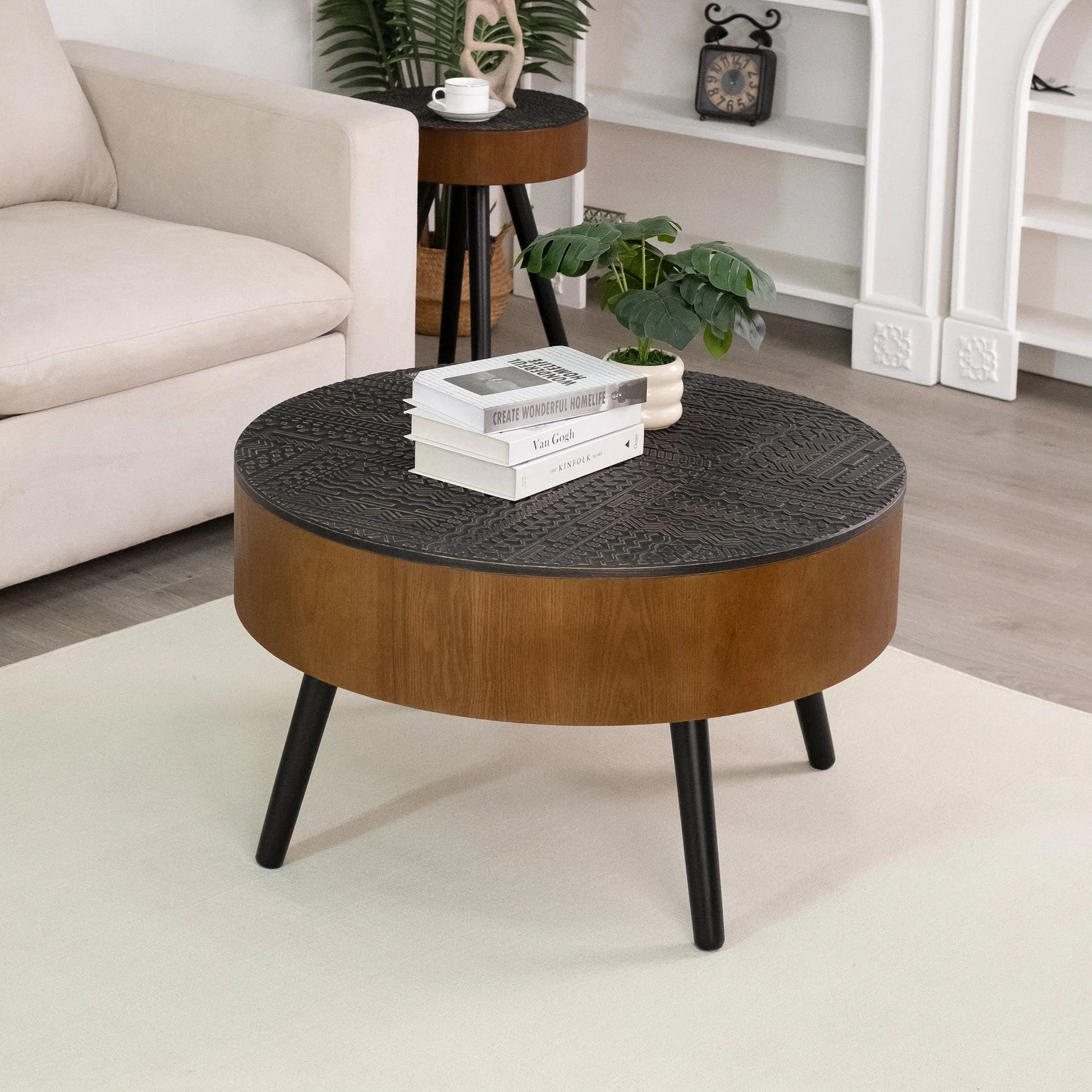 31.5-inch Round Carved Coffee Table with Storage Space, Mid-Century Modern Style Wooden Coffee Table, Four-Leg Design, 18-inch High, Living Room Accent Table (Brown and Black) detail view 34