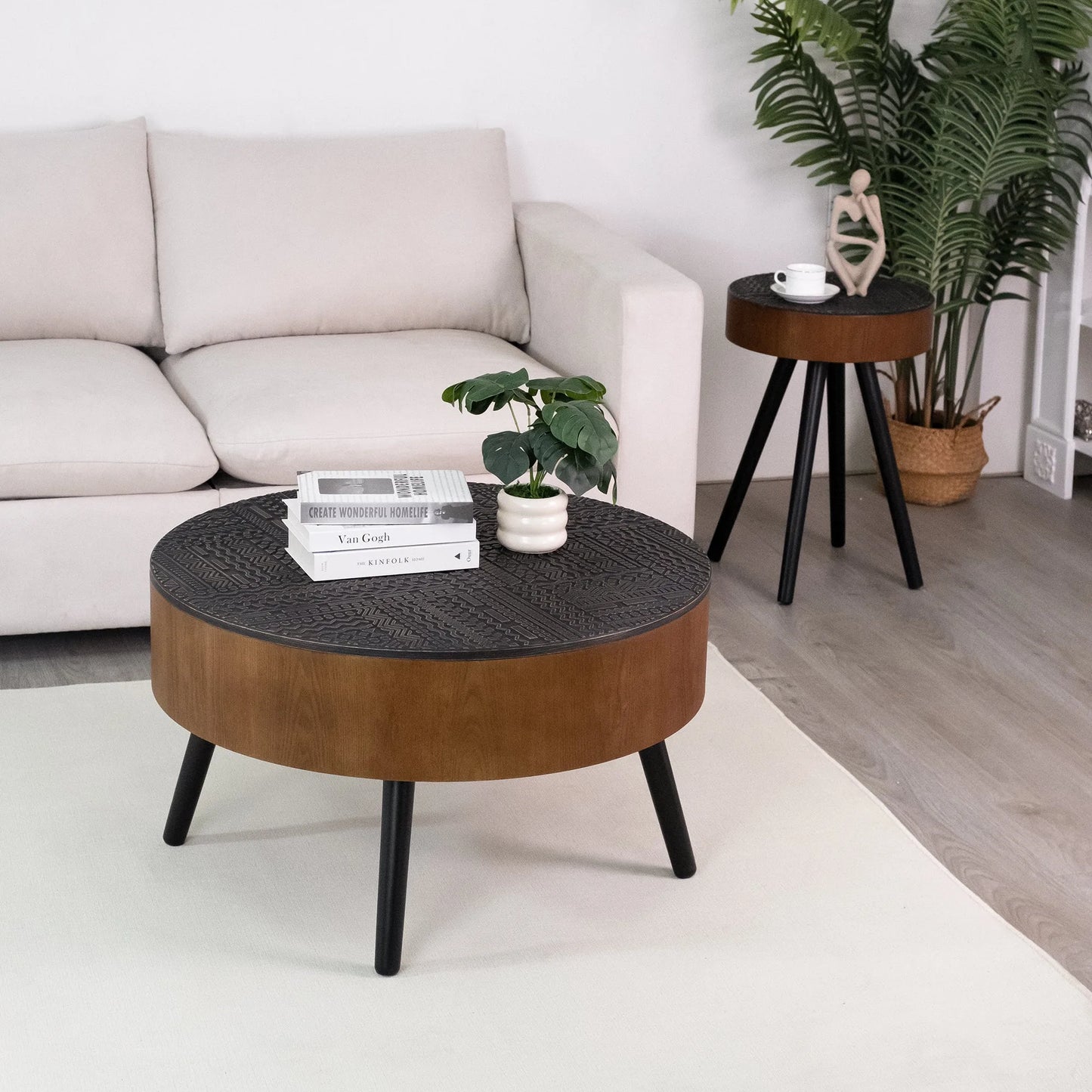 31.5-inch Round Carved Coffee Table with Storage Space, Mid-Century Modern Style Wooden Coffee Table, Four-Leg Design, 18-inch High, Living Room Accent Table (Brown and Black) detail view 38