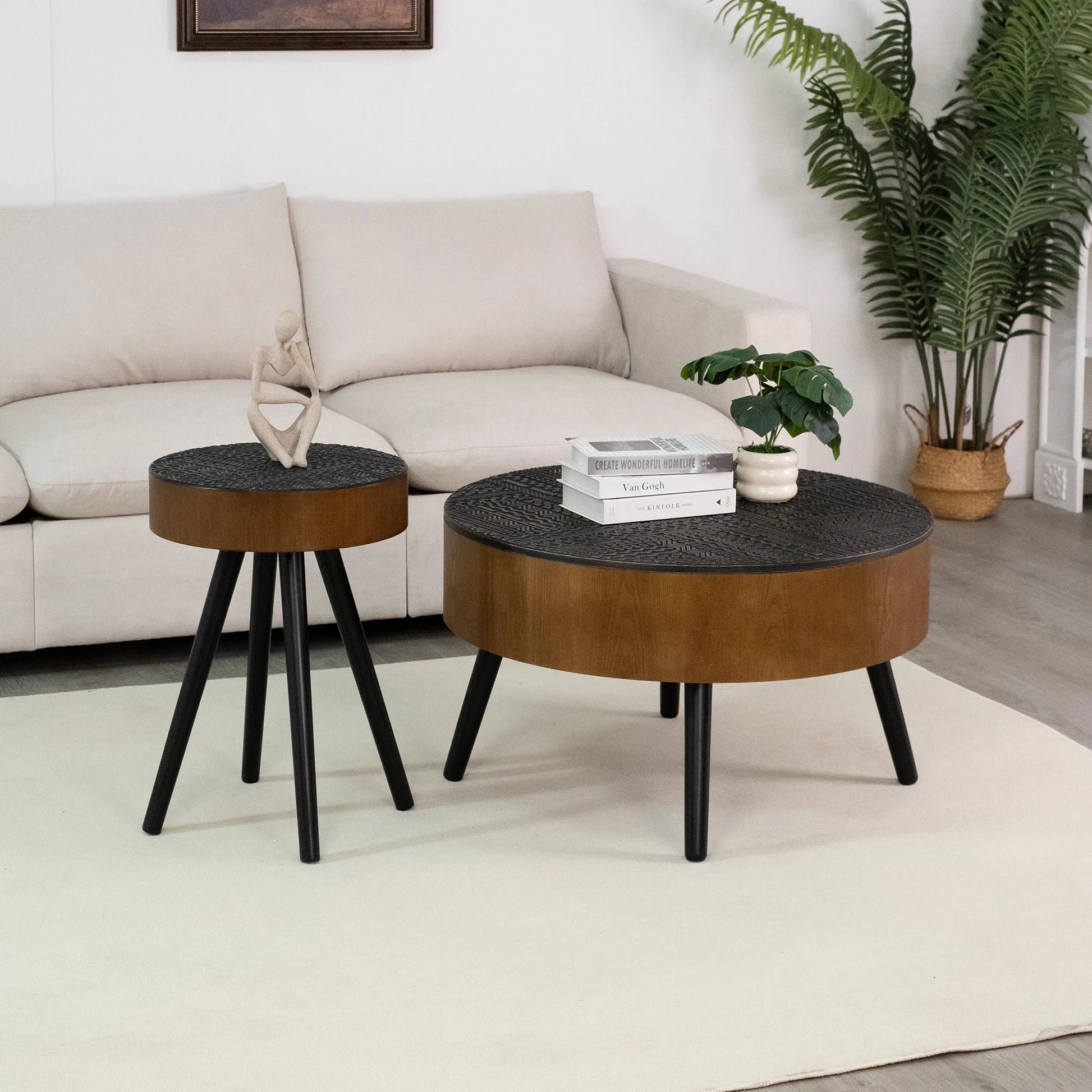 31.5-inch Round Carved Coffee Table with Storage Space, Mid-Century Modern Style Wooden Coffee Table, Four-Leg Design, 18-inch High, Living Room Accent Table (Brown and Black) detail view 39