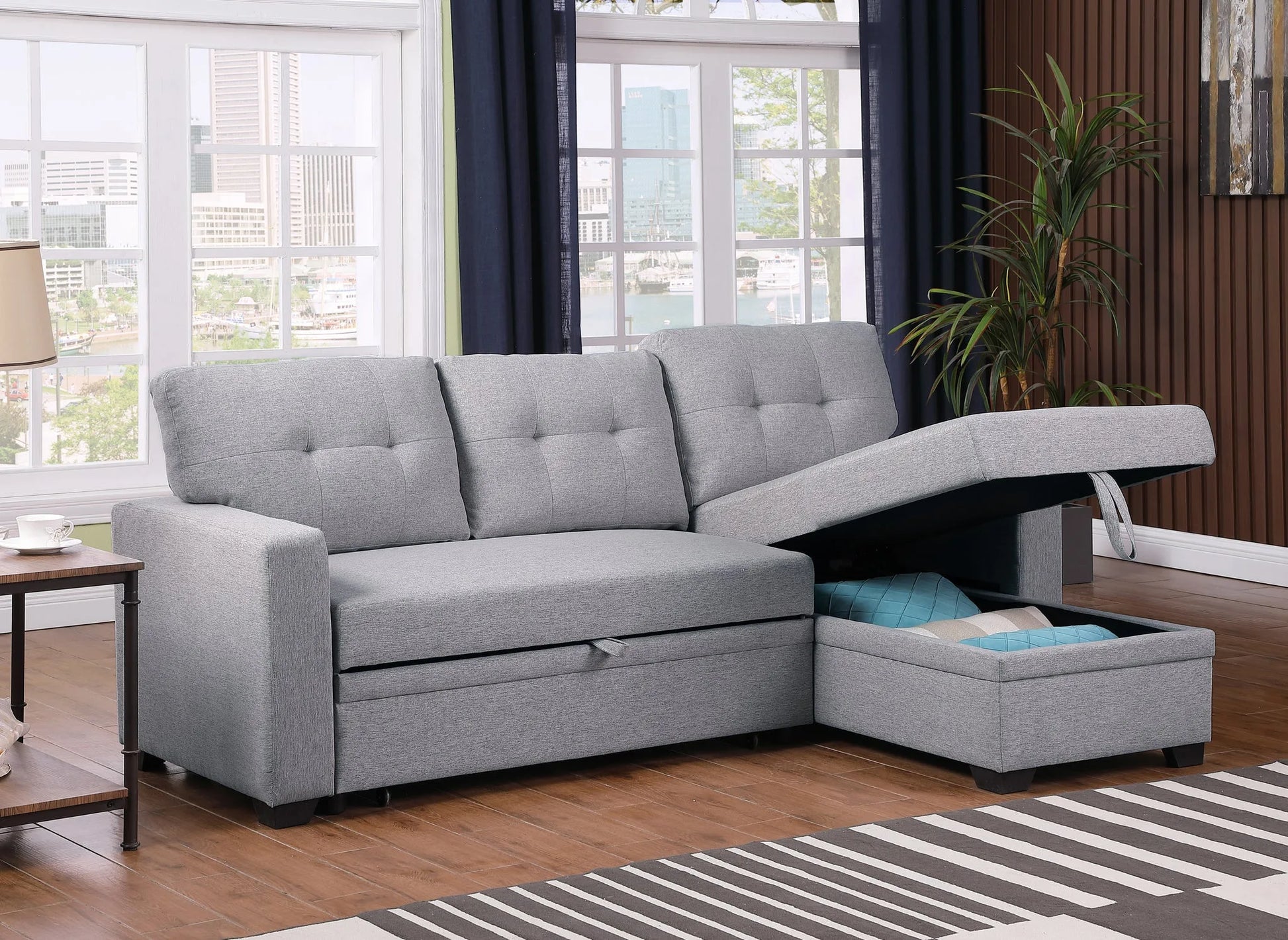 Upholstered Pull out Sectional Sofa with Chaise lifestyle view