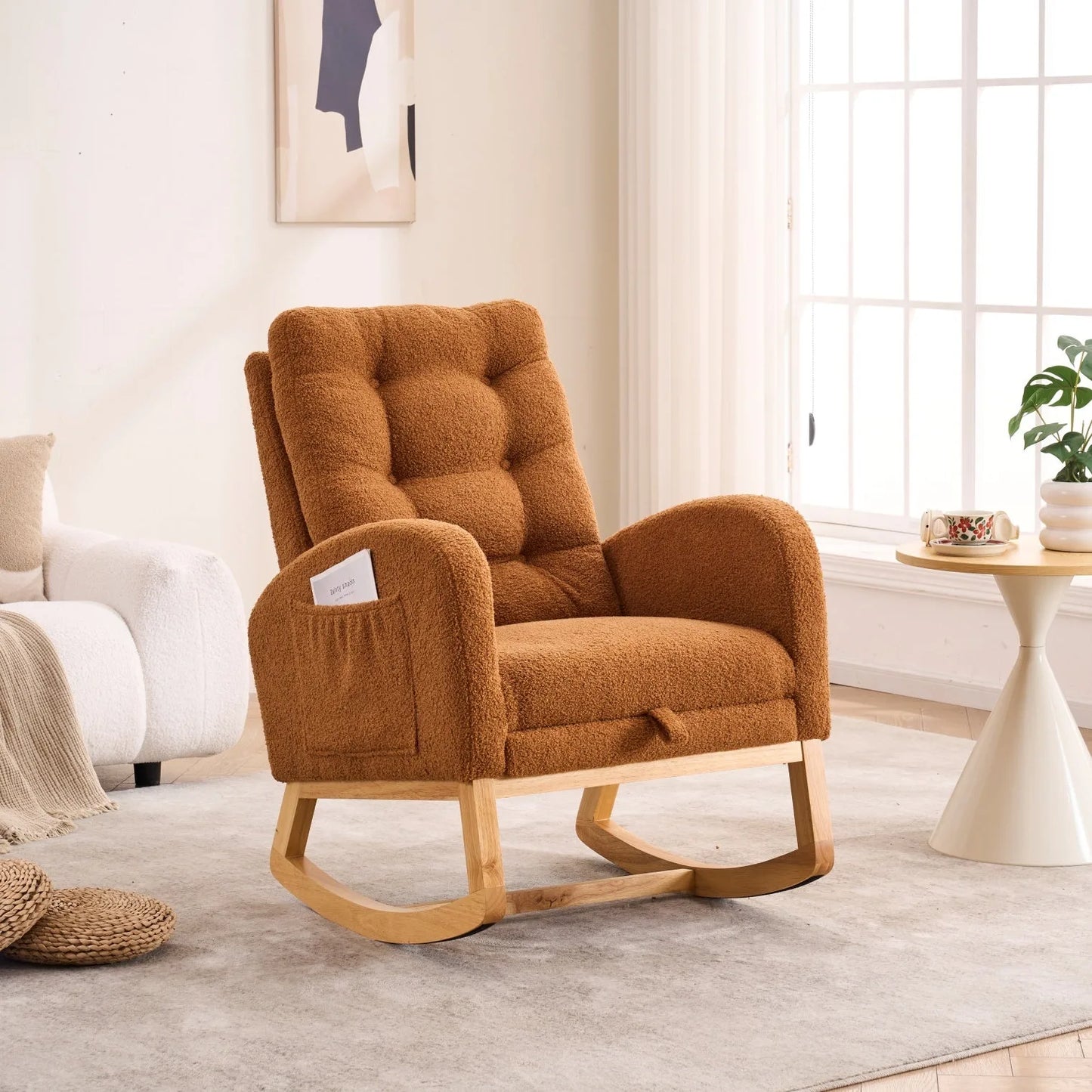 Caramel Accent Rocking Chair with Footrest High Back Rubber Wood Rocking Legs Bedroom Living Space 26.77D X 38.36W X 39.76H Inch lifestyle view