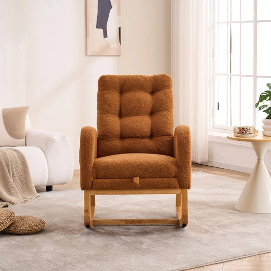 Caramel Accent Rocking Chair with Footrest High Back Rubber Wood Rocking Legs Bedroom Living Space 26.77D X 38.36W X 39.76H Inch detail view 2
