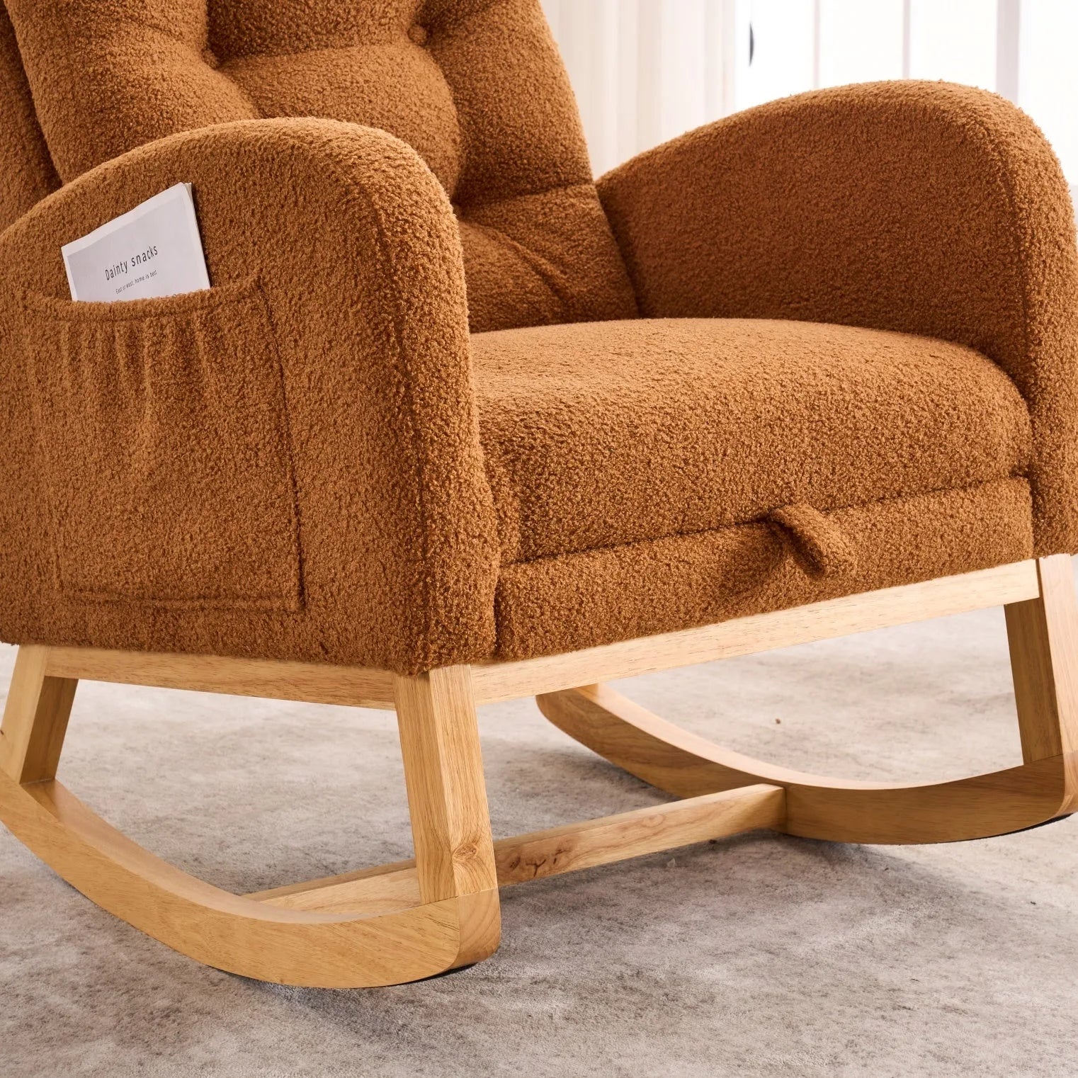 Caramel Accent Rocking Chair with Footrest High Back Rubber Wood Rocking Legs Bedroom Living Space 26.77D X 38.36W X 39.76H Inch detail view 3