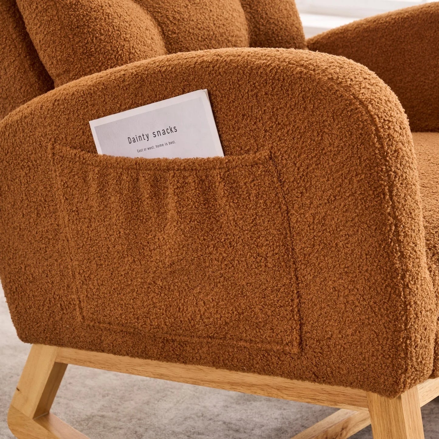 Caramel Accent Rocking Chair with Footrest High Back Rubber Wood Rocking Legs Bedroom Living Space 26.77D X 38.36W X 39.76H Inch detail view 5