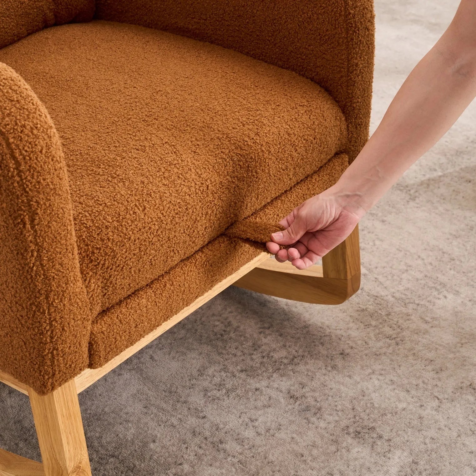 Caramel Accent Rocking Chair with Footrest High Back Rubber Wood Rocking Legs Bedroom Living Space 26.77D X 38.36W X 39.76H Inch detail view 6