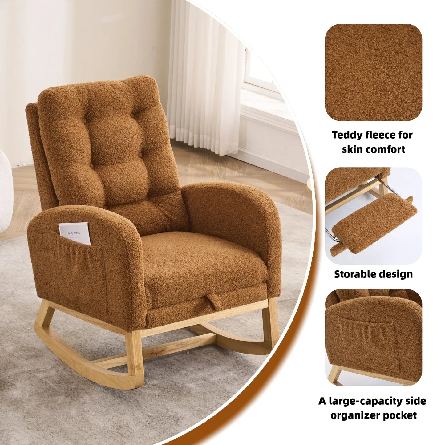 Caramel Accent Rocking Chair with Footrest High Back Rubber Wood Rocking Legs Bedroom Living Space 26.77D X 38.36W X 39.76H Inch detail view 8