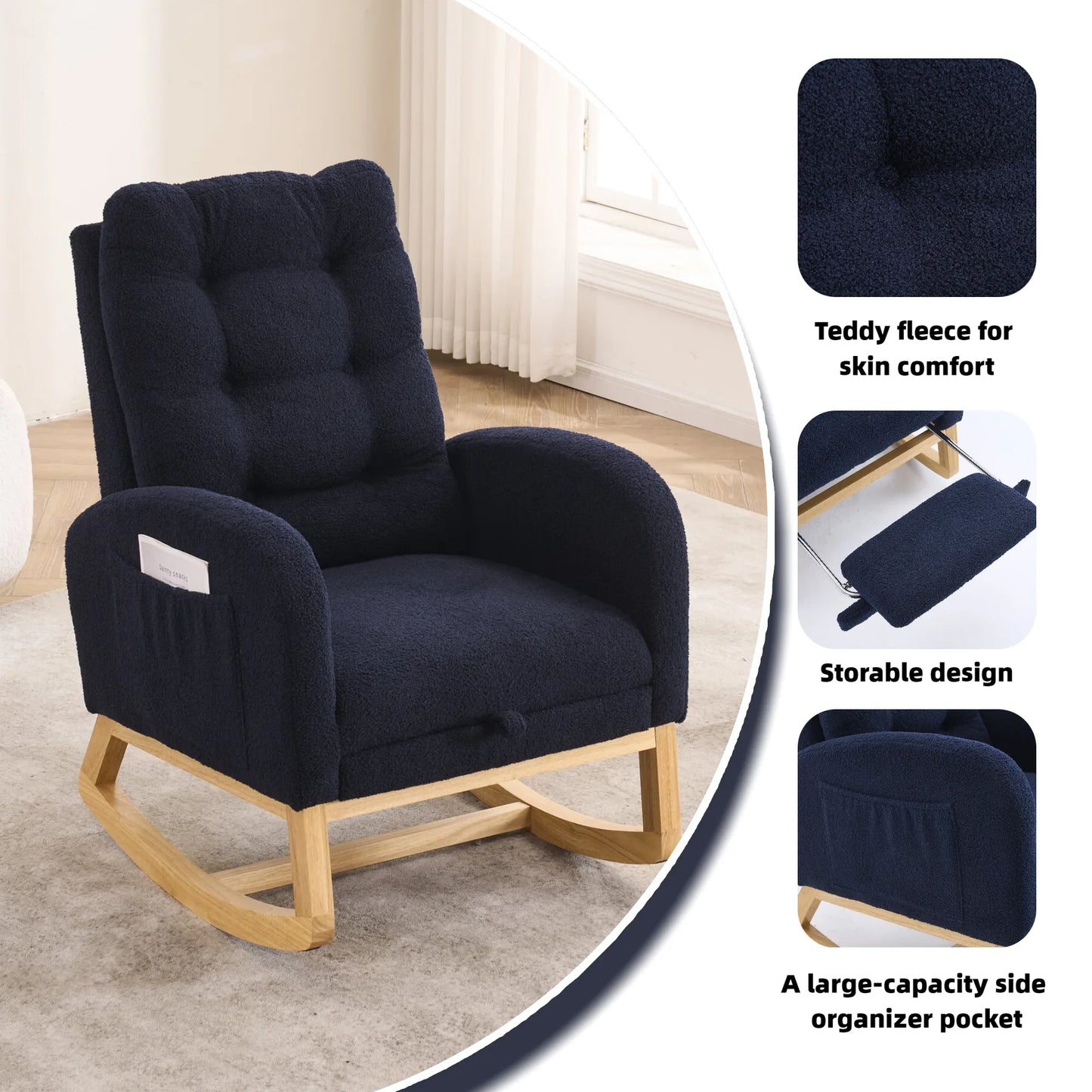 Caramel Accent Rocking Chair with Footrest High Back Rubber Wood Rocking Legs Bedroom Living Space 26.77D X 38.36W X 39.76H Inch detail view 23