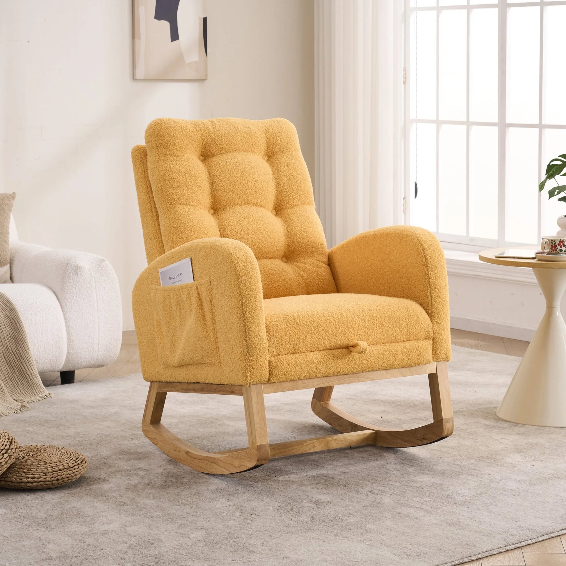 Caramel Accent Rocking Chair with Footrest High Back Rubber Wood Rocking Legs Bedroom Living Space 26.77D X 38.36W X 39.76H Inch detail view 30